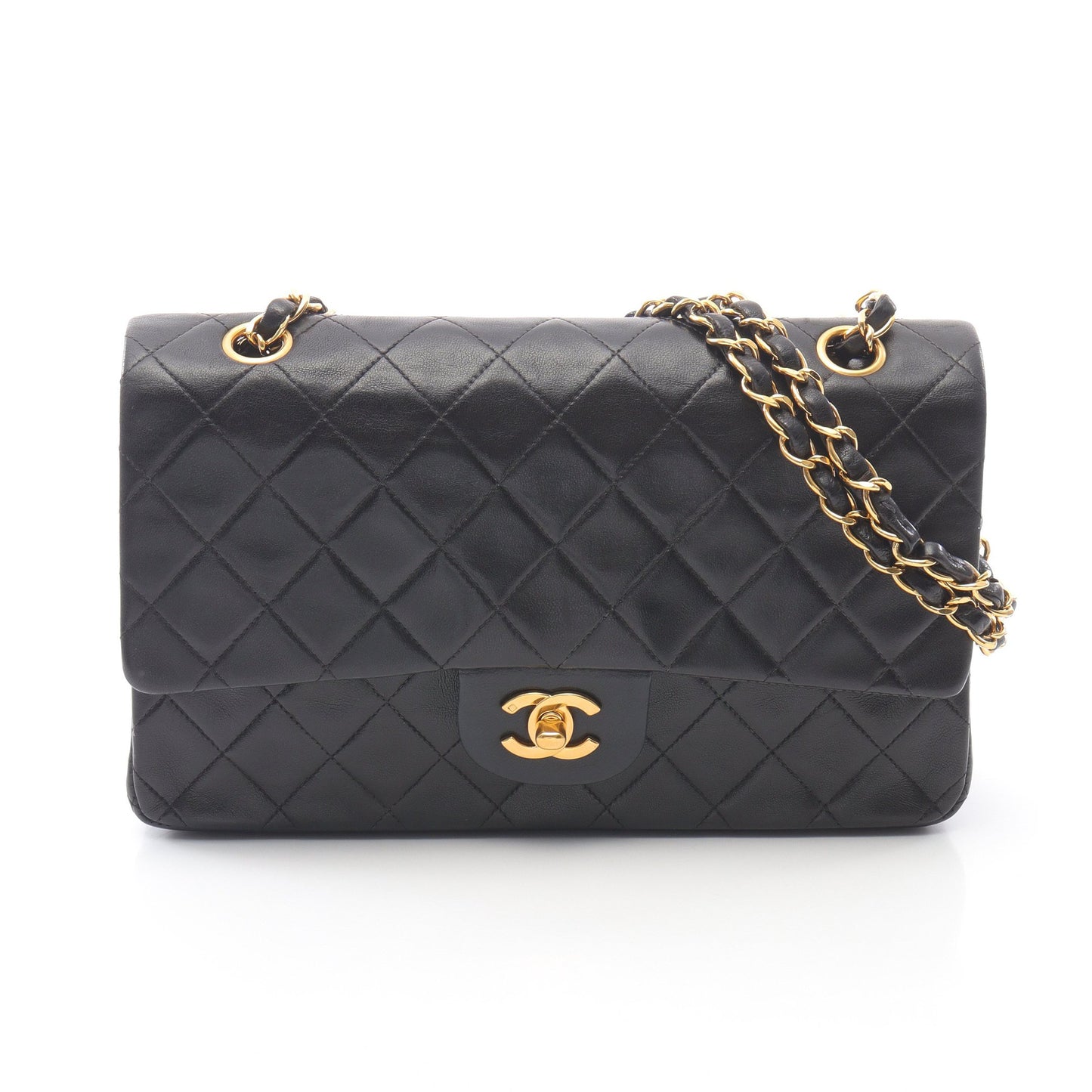 マトラッセ Wフラップ Wチェーンショルダーバッグ ラムスキン ブラック ゴールド金具 シャネル バッグ CHANEL