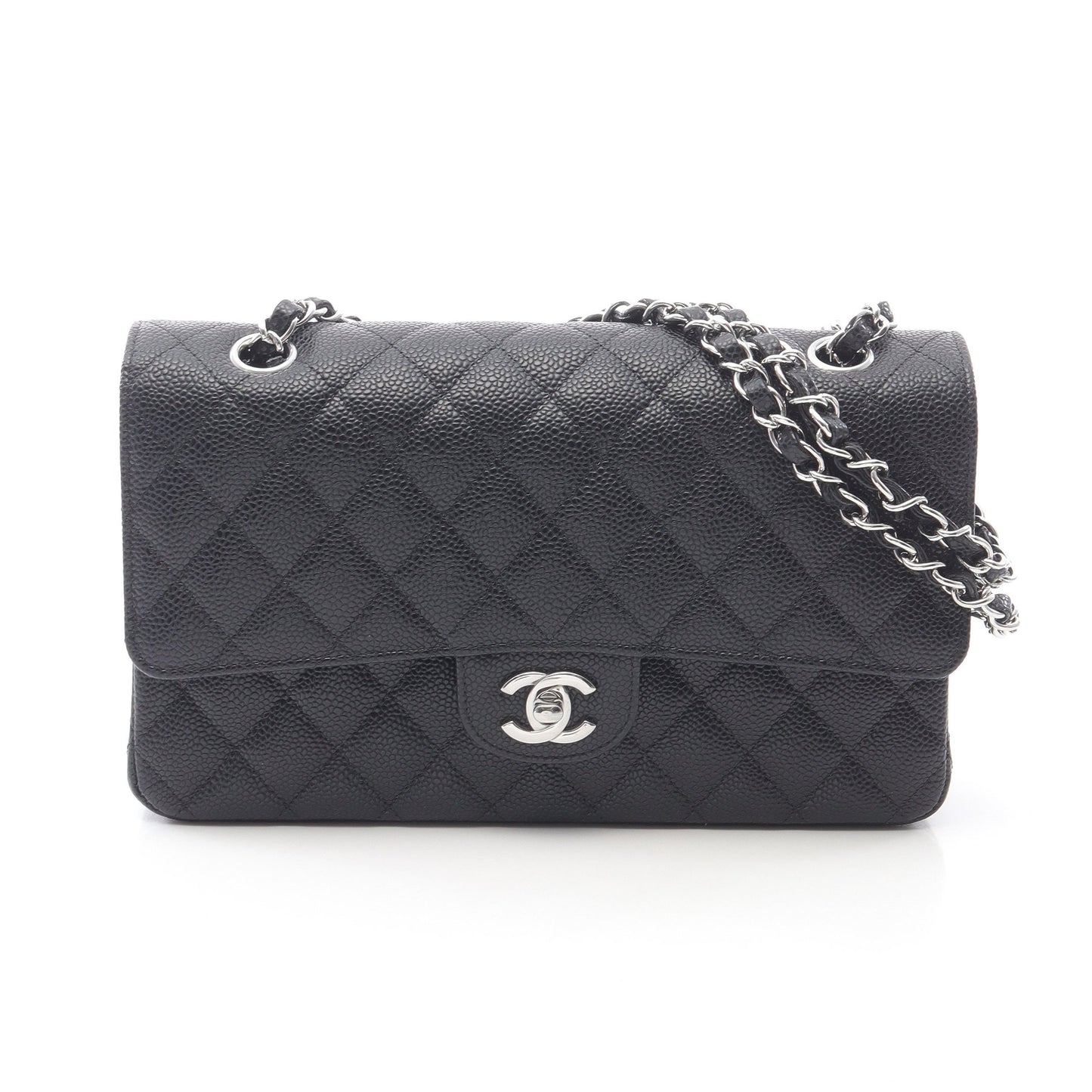 マトラッセ Wフラップ Wチェーンショルダーバッグ キャビアスキン ブラック シルバー金具 シャネル バッグ CHANEL