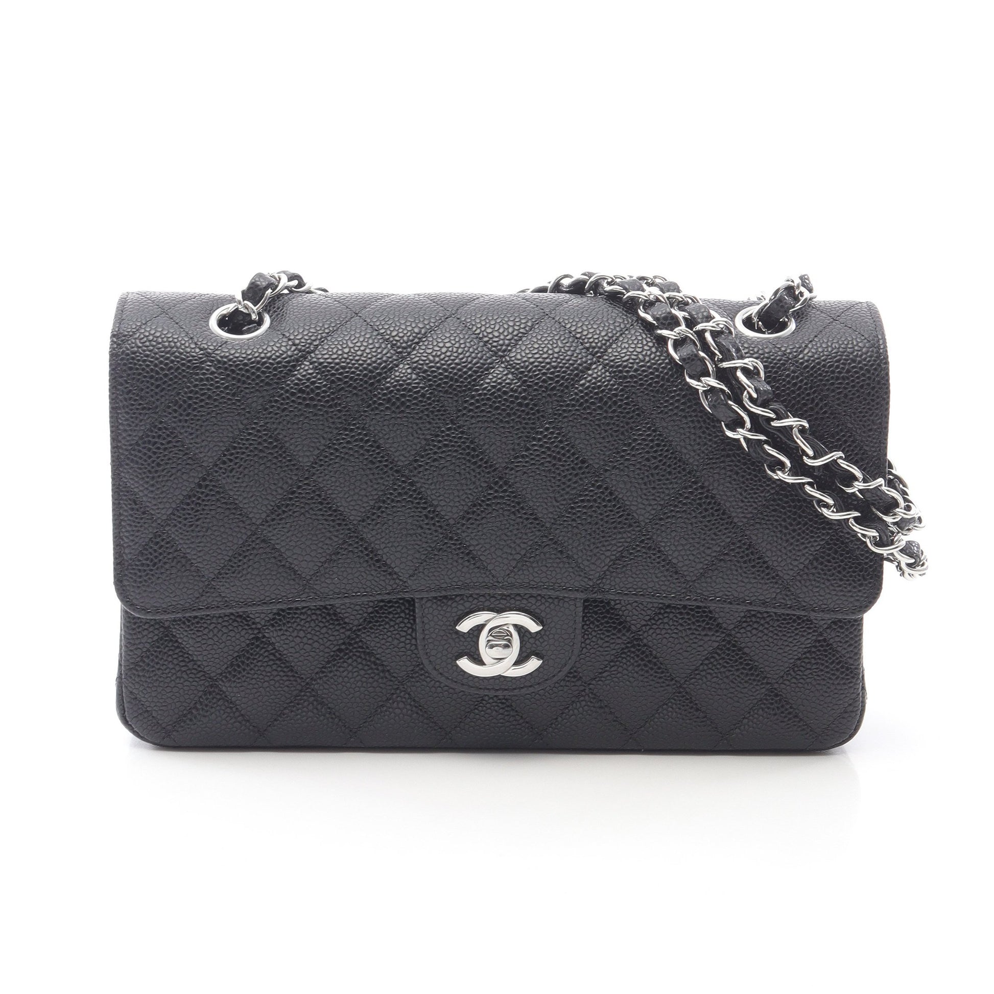マトラッセ Wフラップ Wチェーンショルダーバッグ キャビアスキン ブラック シルバー金具 シャネル バッグ CHANEL