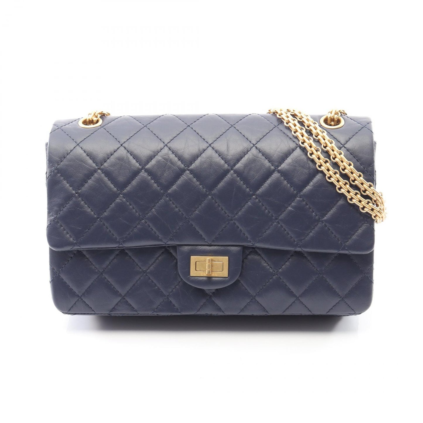 2.55 マトラッセ Wフラップ Wチェーンショルダーバッグ レザー ネイビー ゴールド金具 シャネル バッグ CHANEL