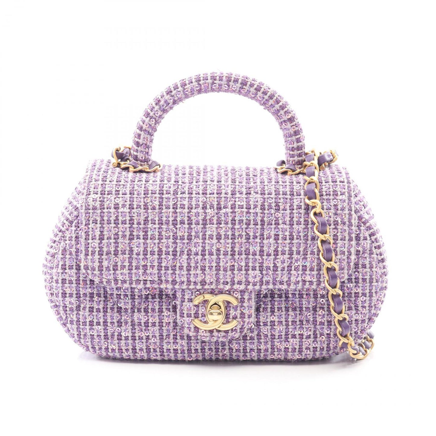 マトラッセ トップハンドル チェーンショルダーバッグ ツイード パープル ゴールド金具 2WAY シャネル バッグ CHANEL