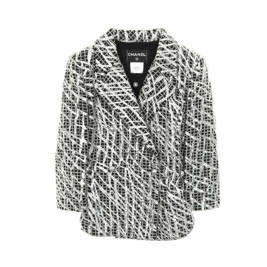 ココマークパールボタン ツイード ジャケット チェック コットン ナイロン ウール ブラック ホワイト シルバー シャネル