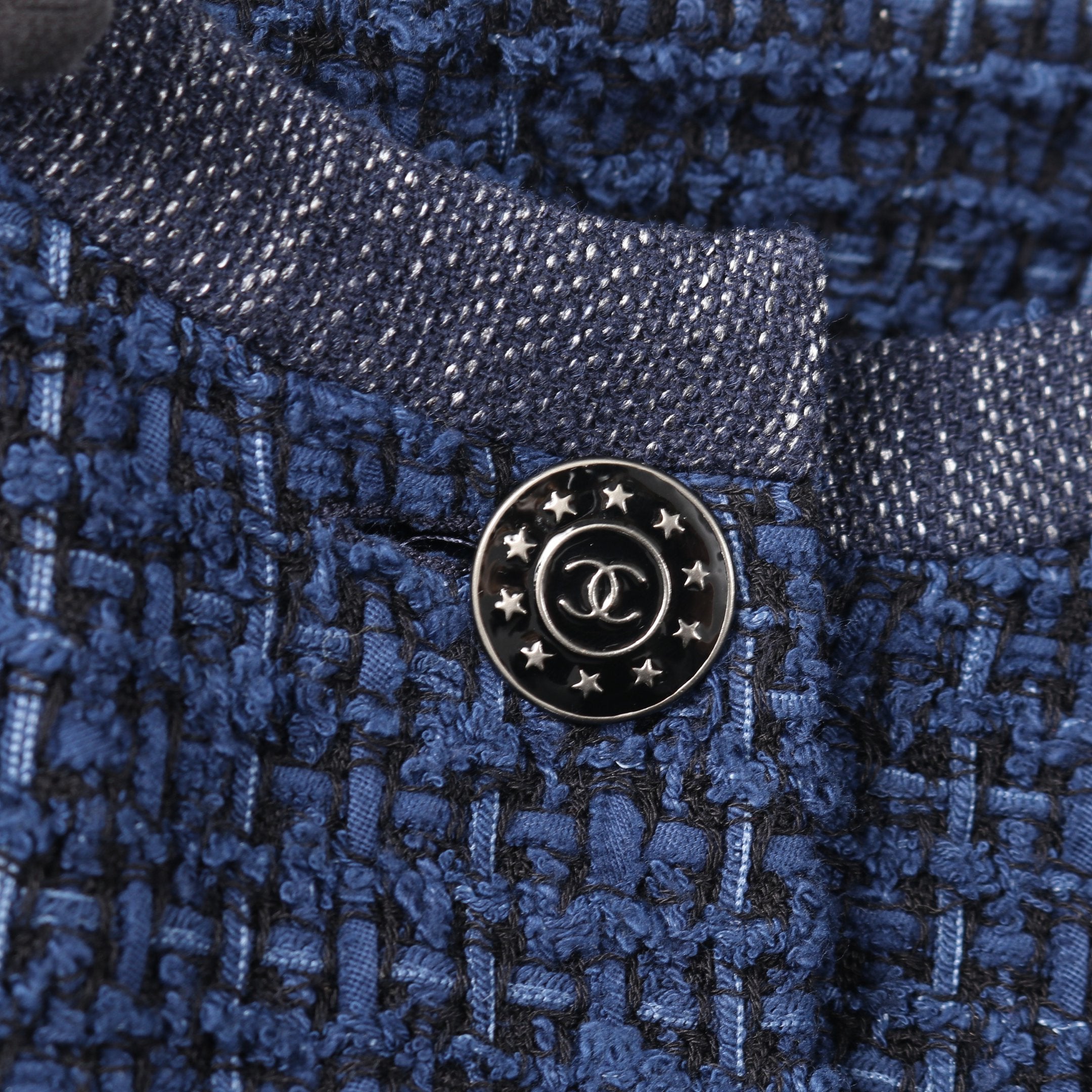 ココマークボタン ツイード ノーカラージャケット コットン ネイビー