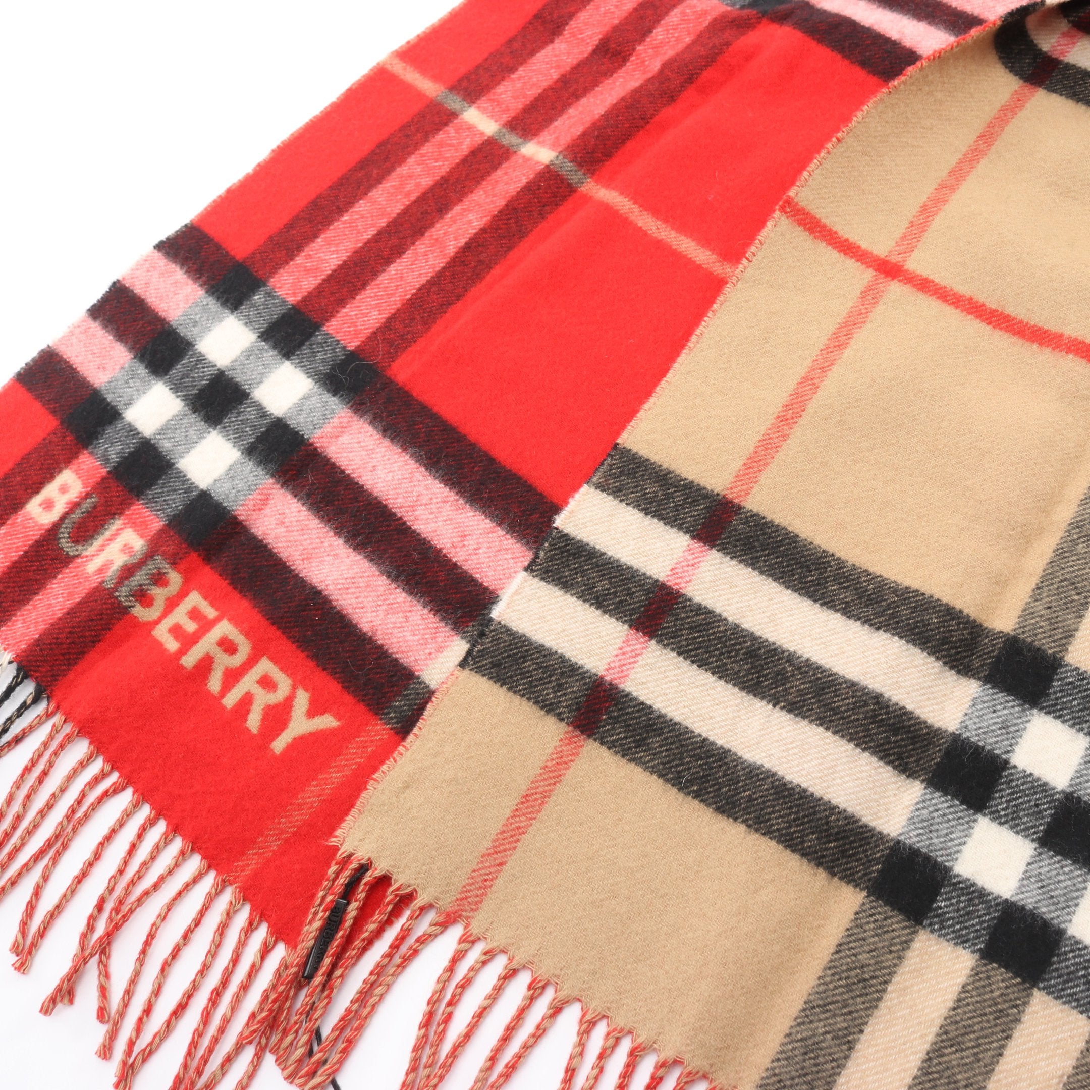 ノバチェック マフラー カシミヤ ベージュ レッド マルチカラー