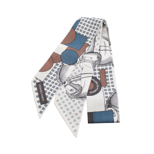 ツイリー CAVALIER EN FORMES リボン スカーフ シルク ホワイト ブルーグレー マルチカラー エルメス 財布・小物 HERMES