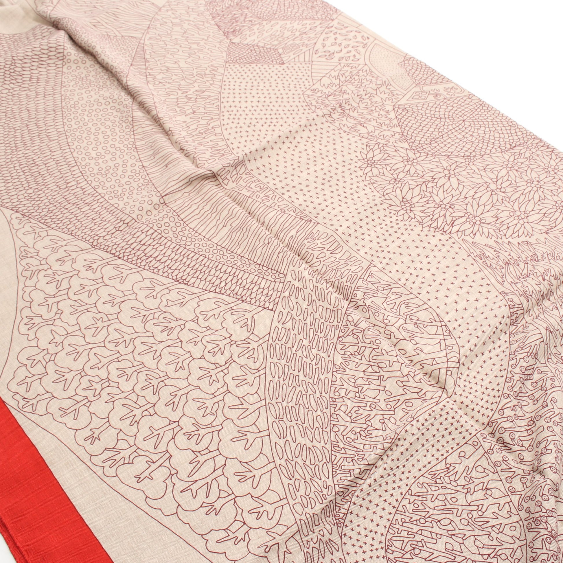 カレジェアン カレ140 A Travers Champs スカーフ ショール カシミヤ シルク レッド グレーベージュ エルメス 財布・小物 HERMES