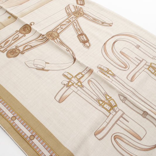 カレジェアン カレ140 LETTRES EQUESTRES スカーフ ショール カシミヤ シルク ベージュ ライトベージュ エルメス 財布・小物 HERMES