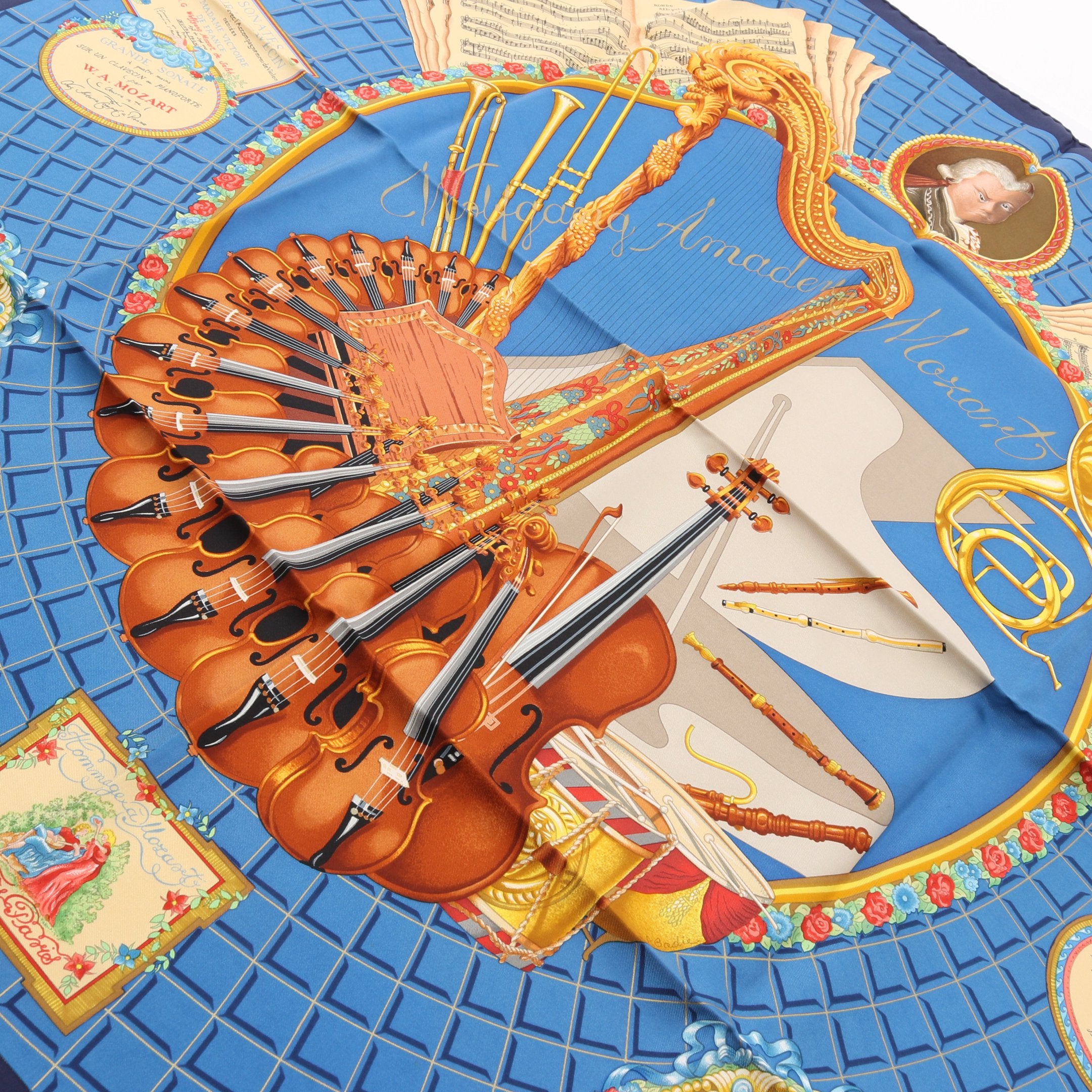 カレ90 Wolfgang Amadeus Mozart スカーフ シルク ブルー マルチカラー