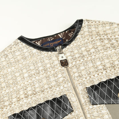 ツイード ノーカラージャケット レーヨン アイボリー ゴールド マルチカラー レザー切替 ルイヴィトン アウター LOUIS VUITTON