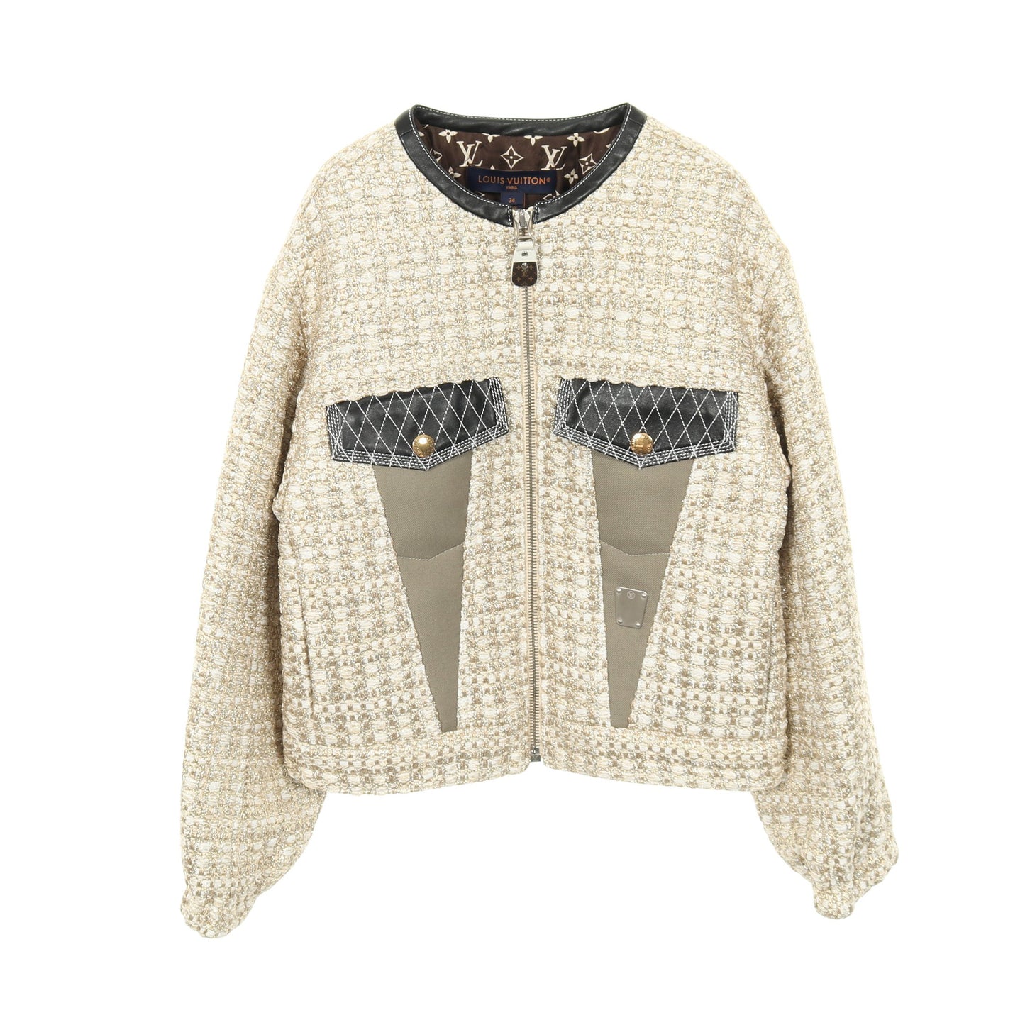ツイード ノーカラージャケット レーヨン アイボリー ゴールド マルチカラー レザー切替 ルイヴィトン アウター LOUIS VUITTON
