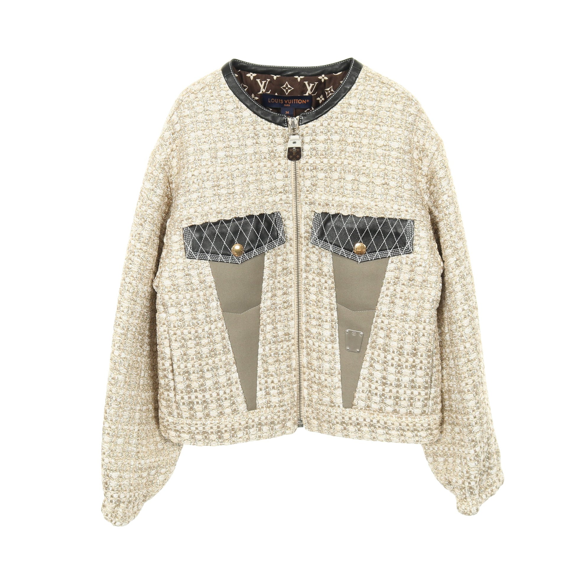 ツイード ノーカラージャケット レーヨン アイボリー ゴールド マルチカラー レザー切替 ルイヴィトン アウター LOUIS VUITTON