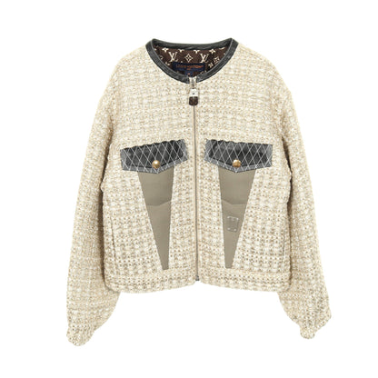 ツイード ノーカラージャケット レーヨン アイボリー ゴールド マルチカラー レザー切替 ルイヴィトン アウター LOUIS VUITTON