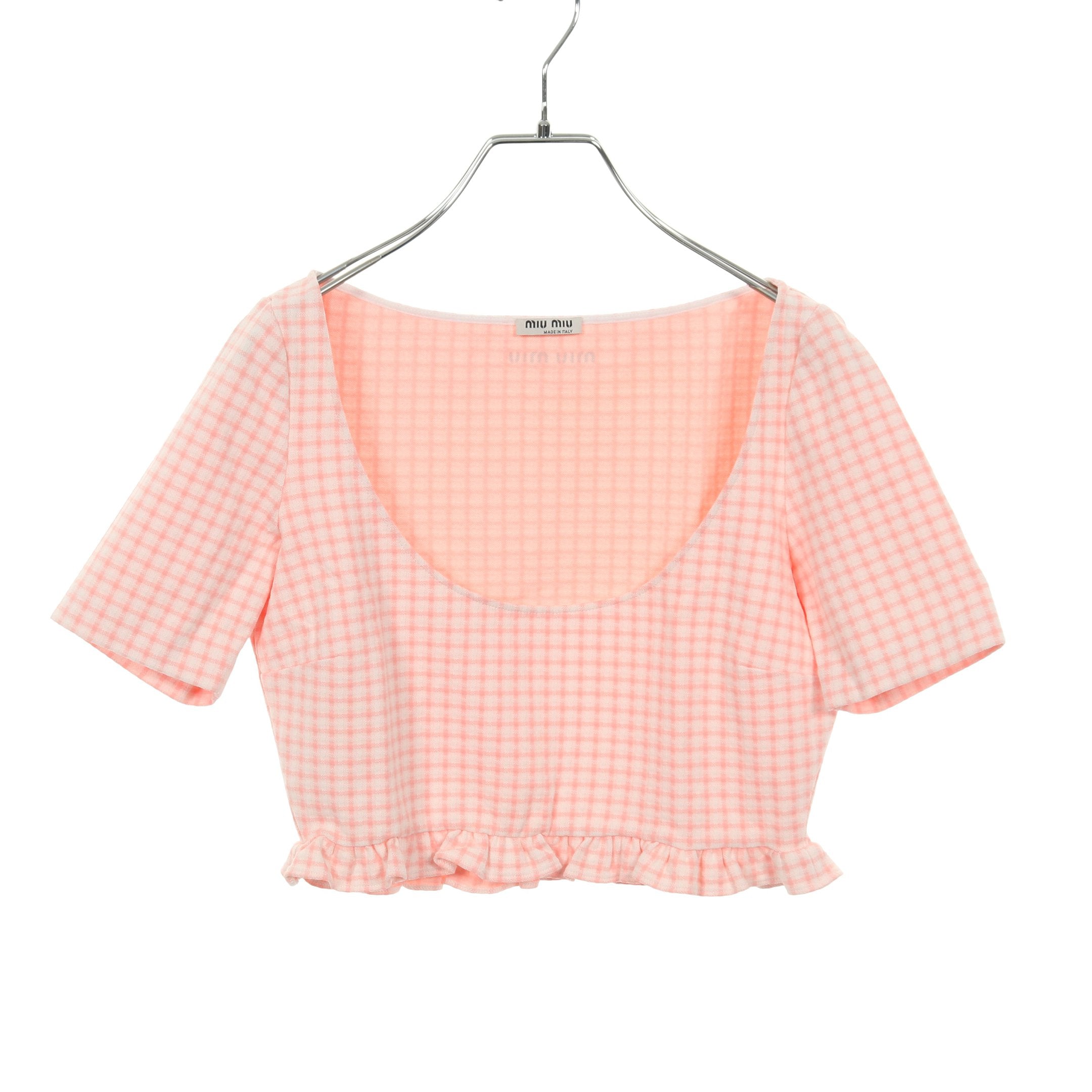 MIU MIU 赤 半袖Tシャツ フリル付き クロップド Tシャツ 半袖 チェック ナイロン ピンク フリル ミュウ