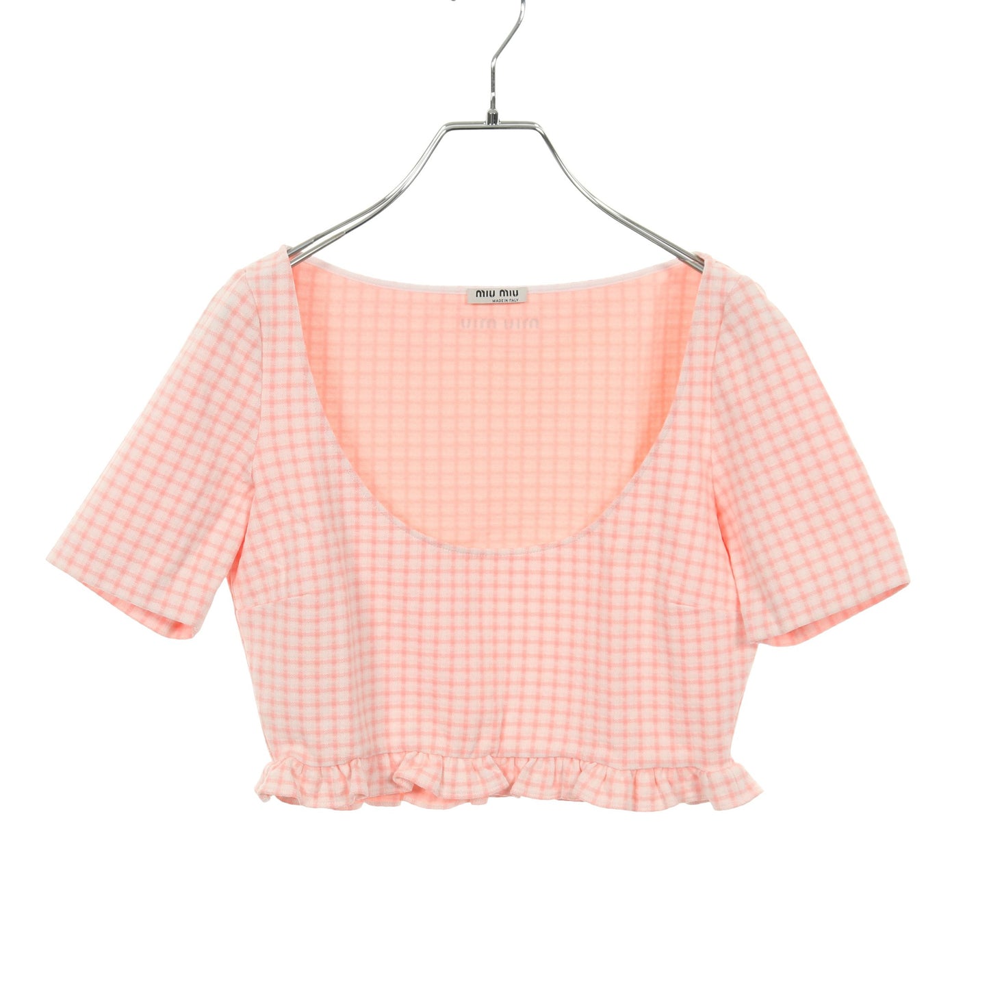 クロップド Tシャツ 半袖 チェック ナイロン ピンク フリル ミュウミュウ トップス miu miu
