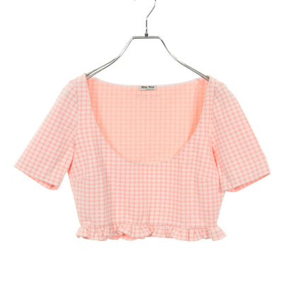 クロップド Tシャツ 半袖 チェック ナイロン ピンク フリル ミュウミュウ トップス miu miu