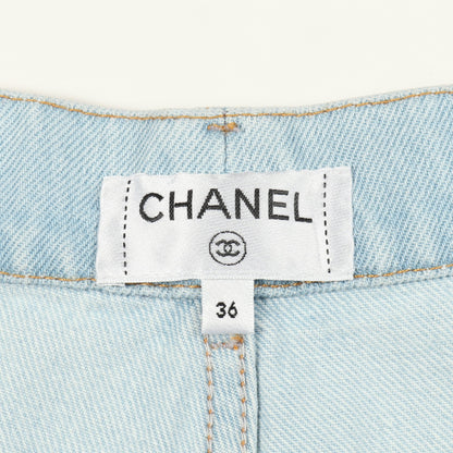 ココマークボタン グラデーション デニムパンツ ワイドパンツ コットン ライトブルー ピンク シャネル