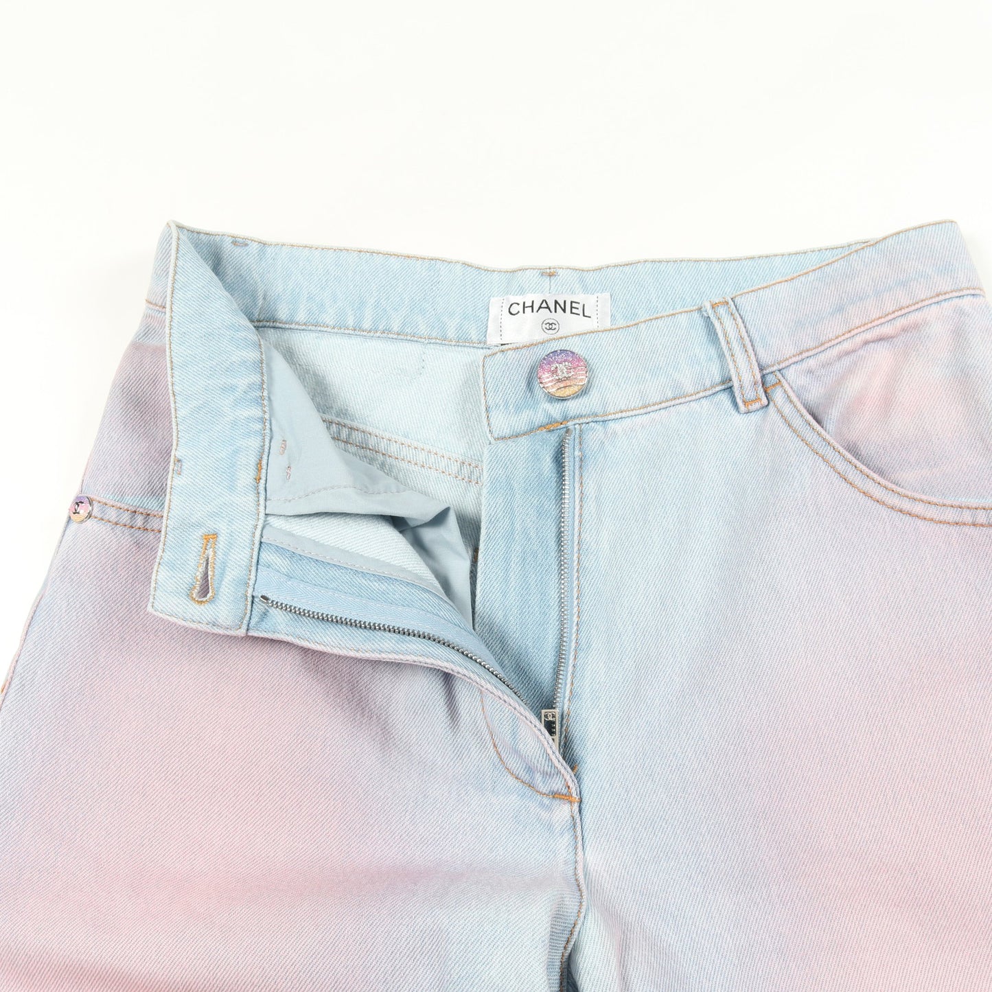 ココマークボタン グラデーション デニムパンツ ワイドパンツ コットン ライトブルー ピンク シャネル