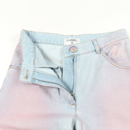 ココマークボタン グラデーション デニムパンツ ワイドパンツ コットン ライトブルー ピンク シャネル