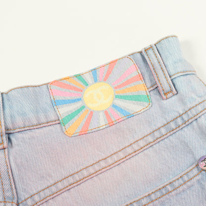 ココマークボタン グラデーション デニムパンツ ワイドパンツ コットン ライトブルー ピンク シャネル