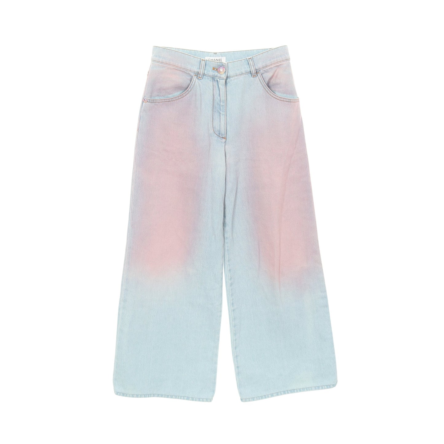 ココマークボタン グラデーション デニムパンツ ワイドパンツ コットン ライトブルー ピンク シャネル
