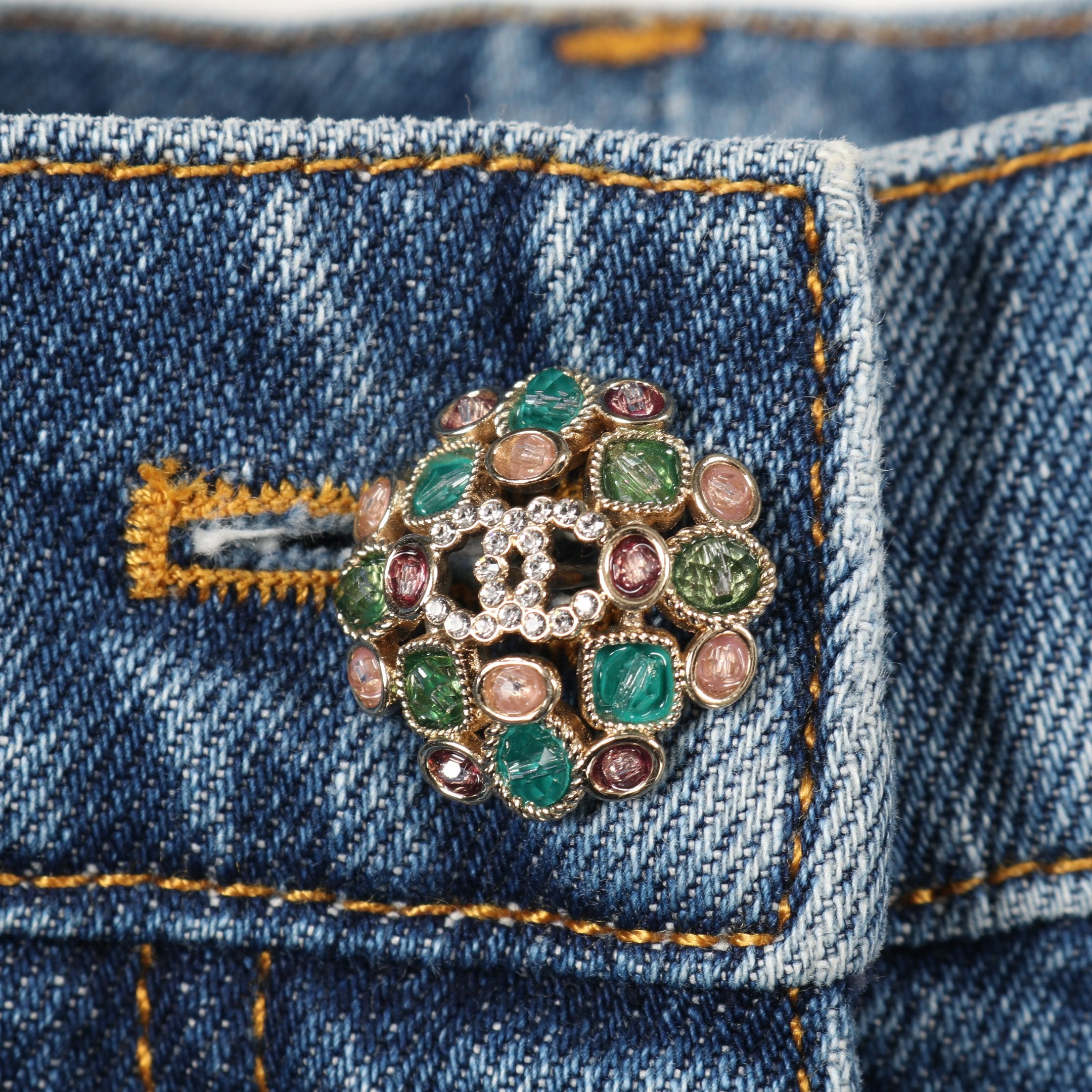 ココマーク ビジューボタン デニムパンツ コットン ブルー シャネル