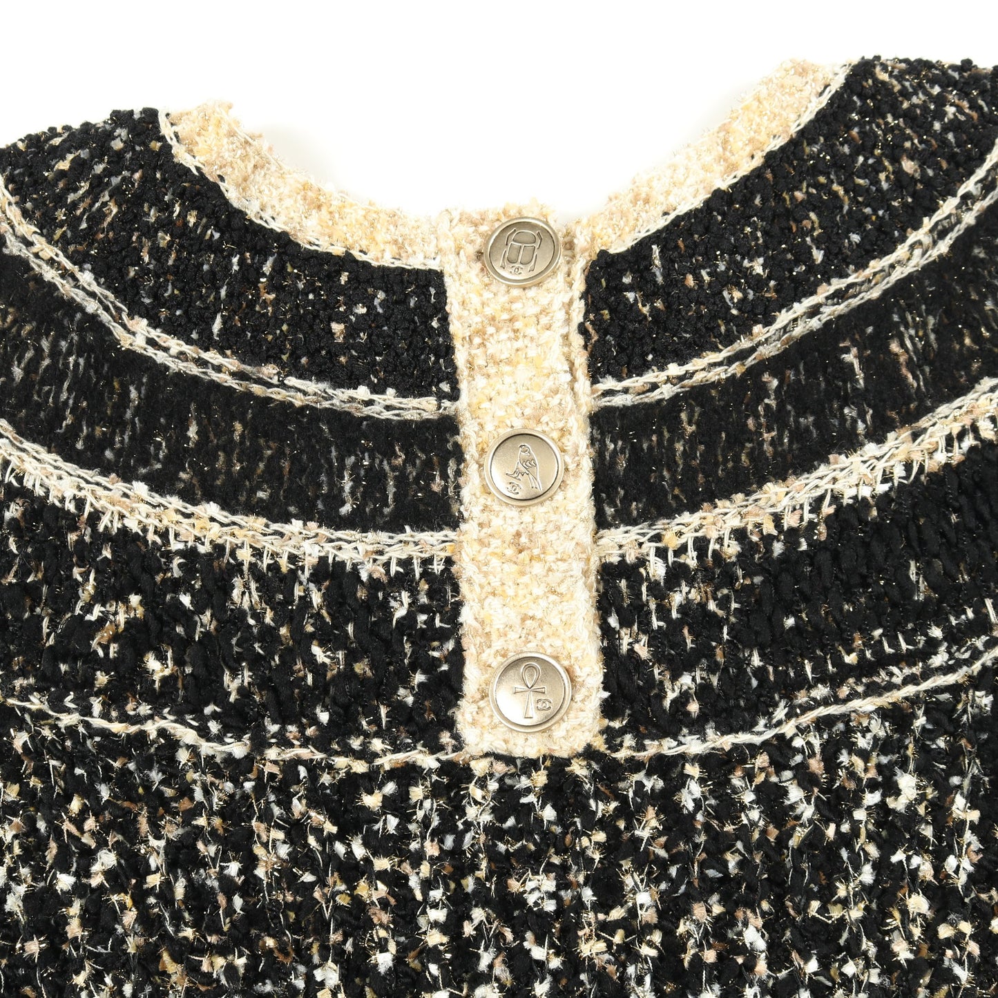 ココマークボタン ニットワンピース ウール ナイロン ブラック アイボリー ゴールド シャネル