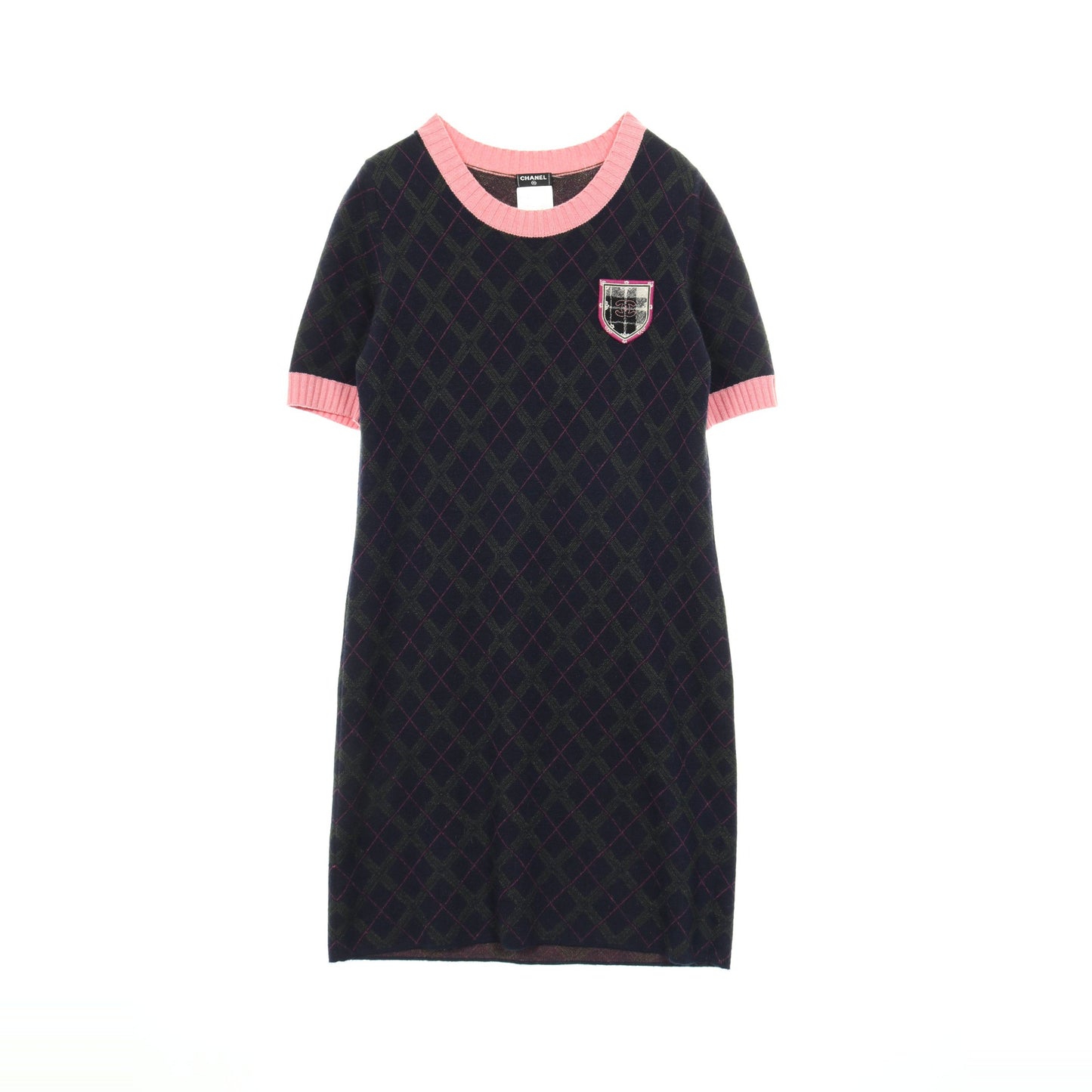 ニットワンピース エンブレム チェック カシミヤ アルパカ シルク ダークネイビー ピンク イエローグリーン シャネル ワンピース CHANEL