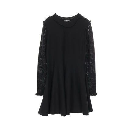 ロゴボタン ニットワンピース クルーネック 長袖 カシミヤ シルク ブラック 袖切替 シャネル ワンピース CHANEL