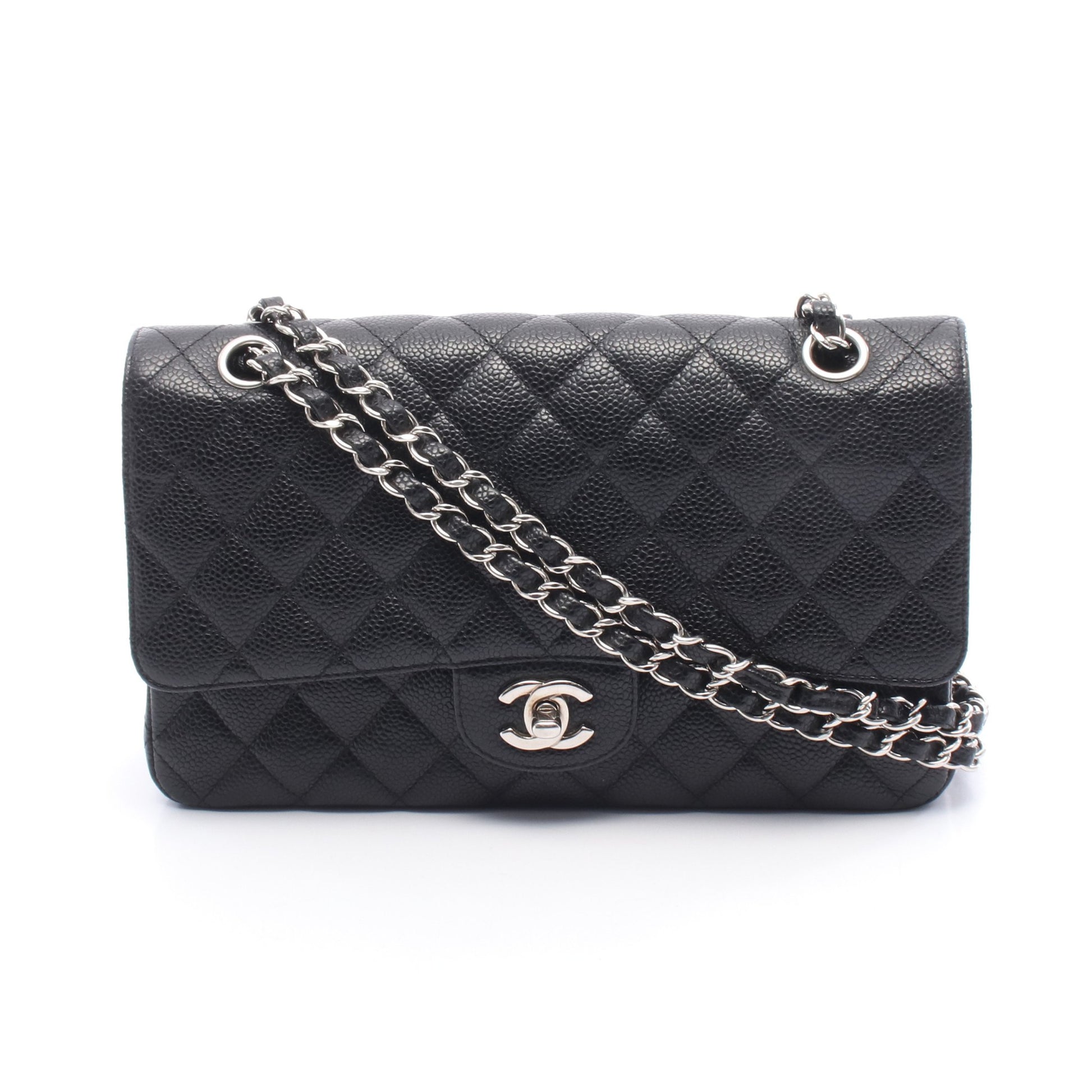 マトラッセ Wフラップ Wチェーンショルダーバッグ キャビアスキン ブラック シルバー金具 シャネル バッグ CHANEL