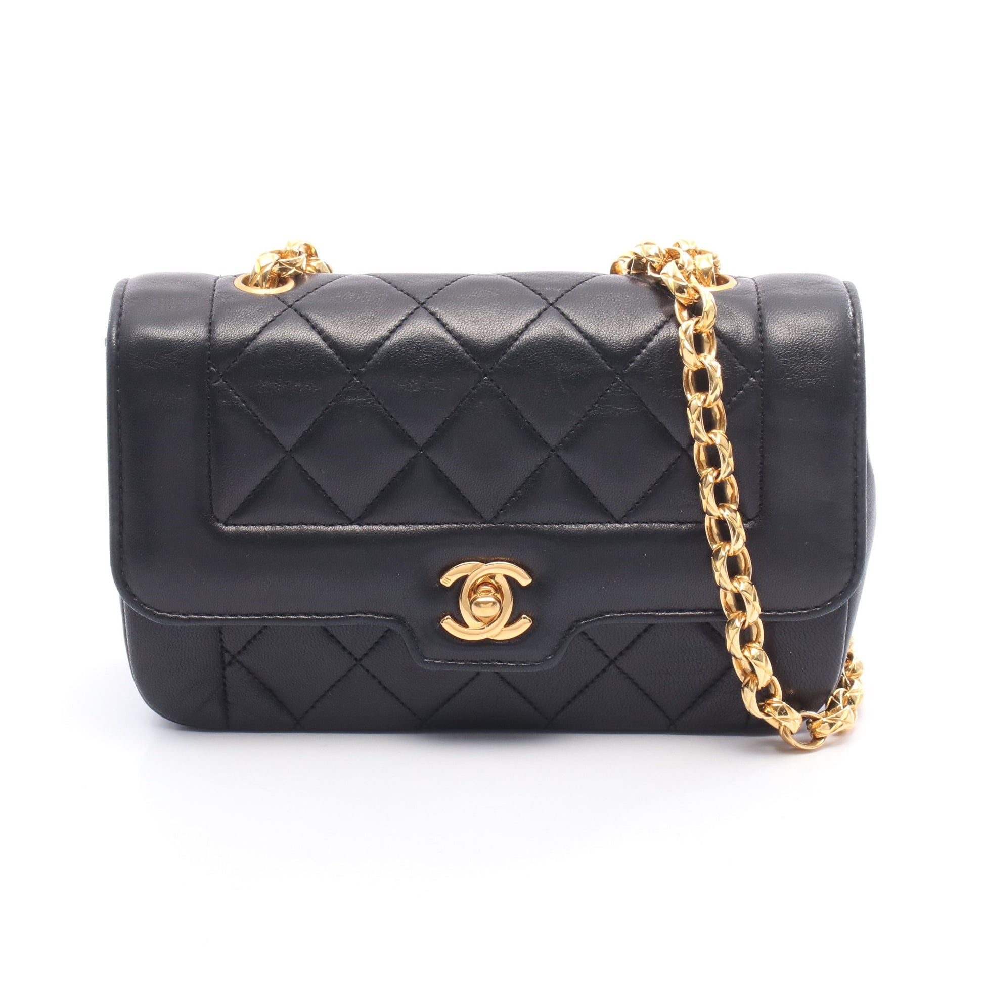 ミニマトラッセ ダイアナフラップ チェーンショルダーバッグ ラムスキン ブラック ゴールド金具 シャネル バッグ CHANEL
