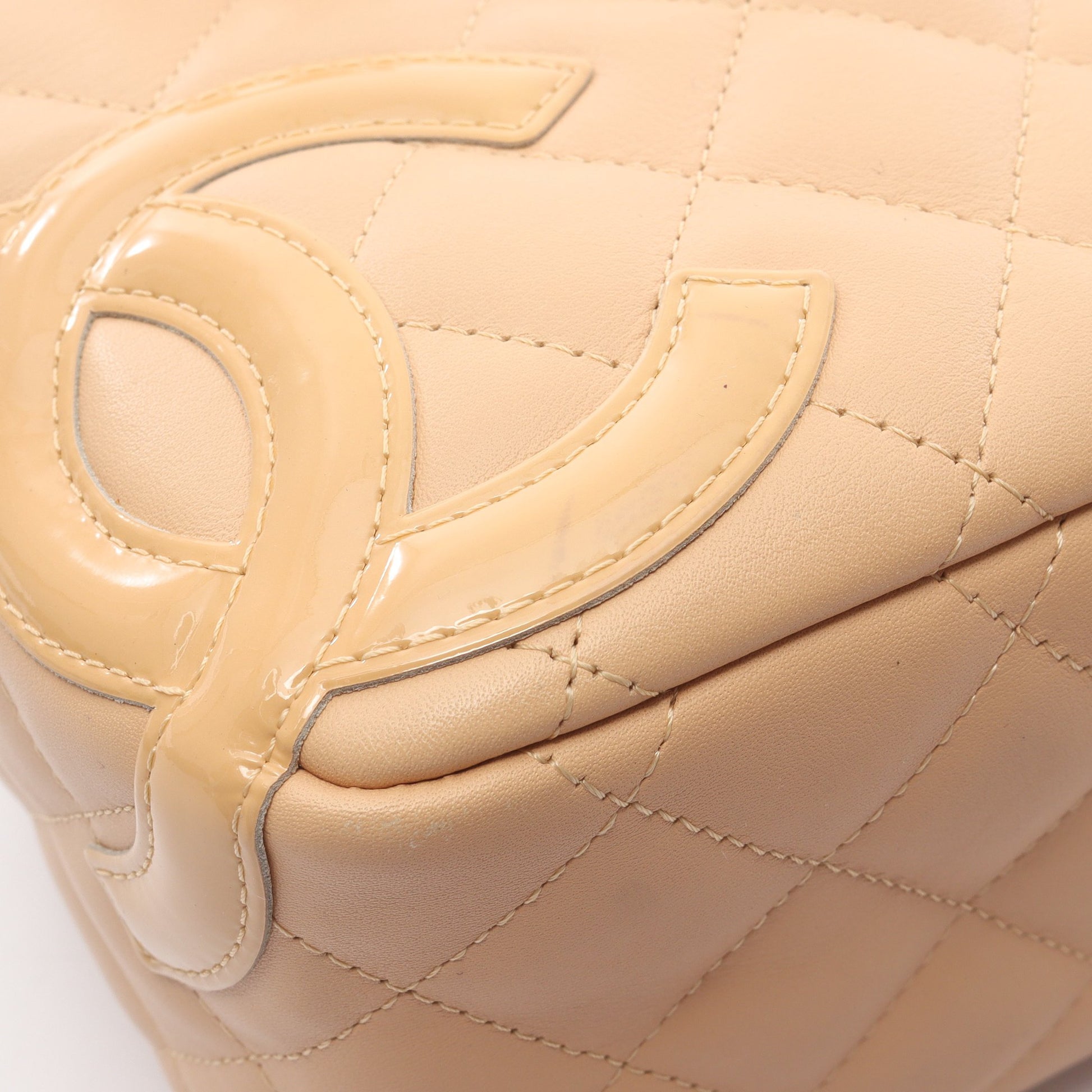 カンボンライン ミニボーリングバッグ ハンドバッグ レザー エナメルレザー ベージュ シルバー金具 シャネル バッグ CHANEL