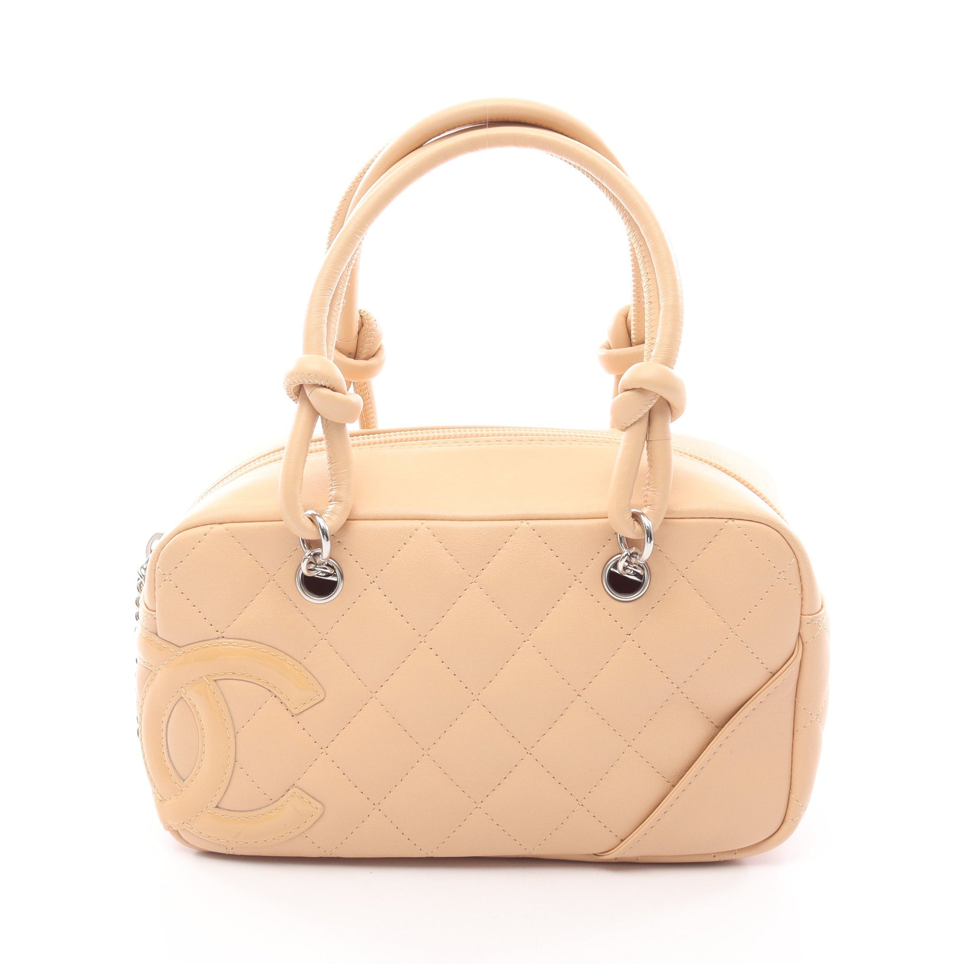 カンボンライン ミニボーリングバッグ ハンドバッグ レザー エナメルレザー ベージュ シルバー金具 シャネル バッグ CHANEL