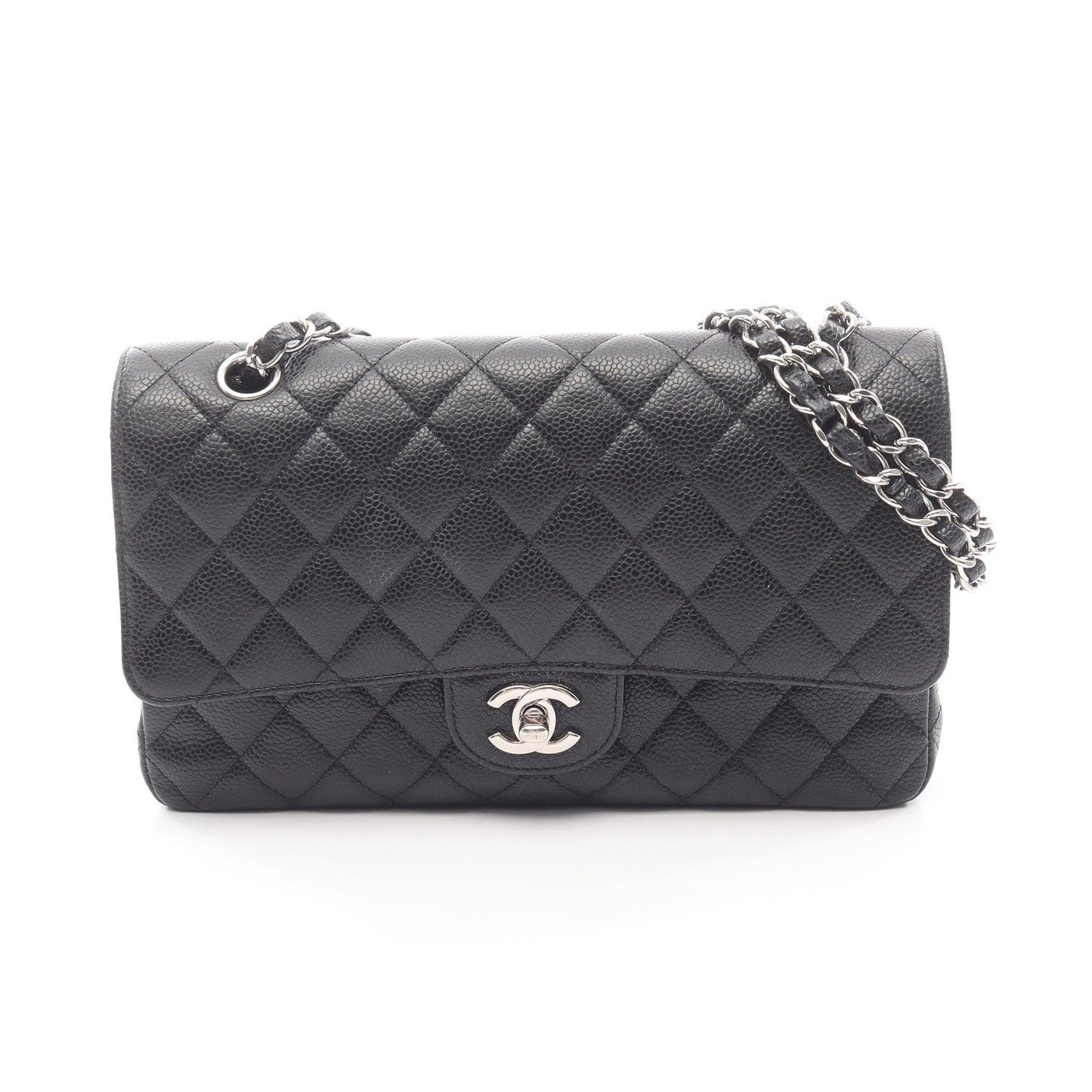 マトラッセ Wフラップ Wチェーンショルダーバッグ キャビアスキン ブラック シルバー金具 シャネル バッグ CHANEL