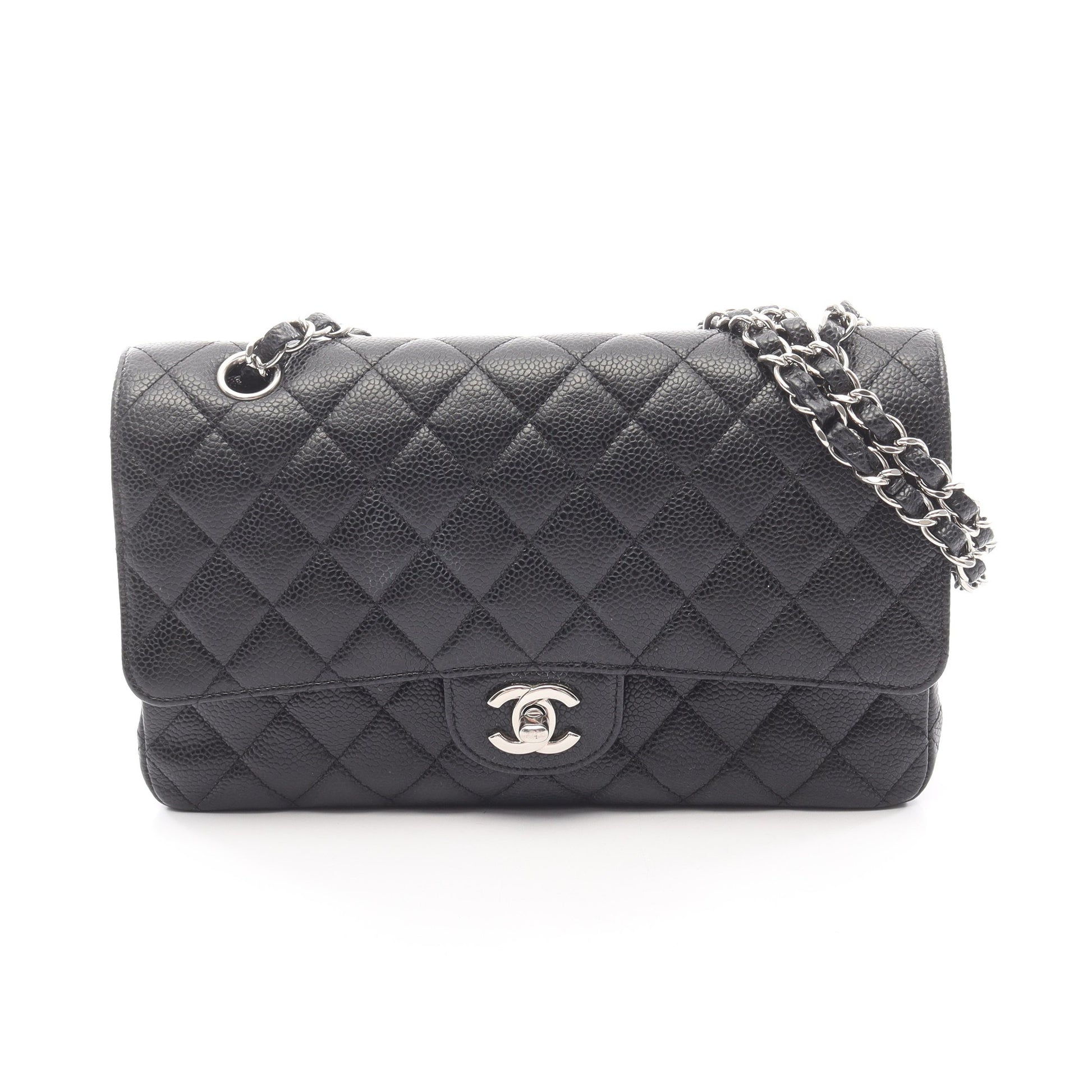 マトラッセ Wフラップ Wチェーンショルダーバッグ キャビアスキン ブラック シルバー金具 シャネル バッグ CHANEL
