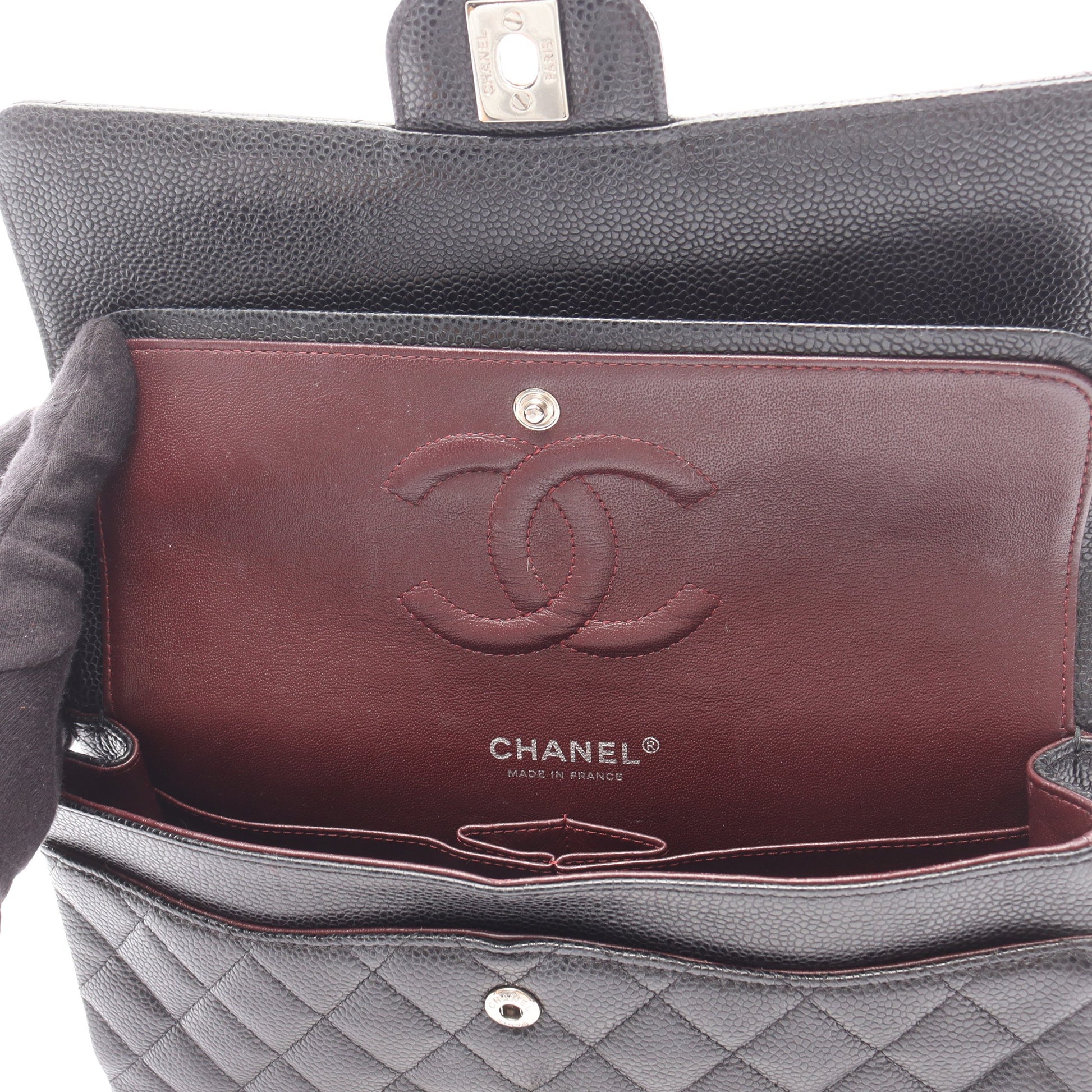 マトラッセ Wフラップ Wチェーンショルダーバッグ キャビアスキン ブラック シルバー金具 シャネル バッグ CHANEL