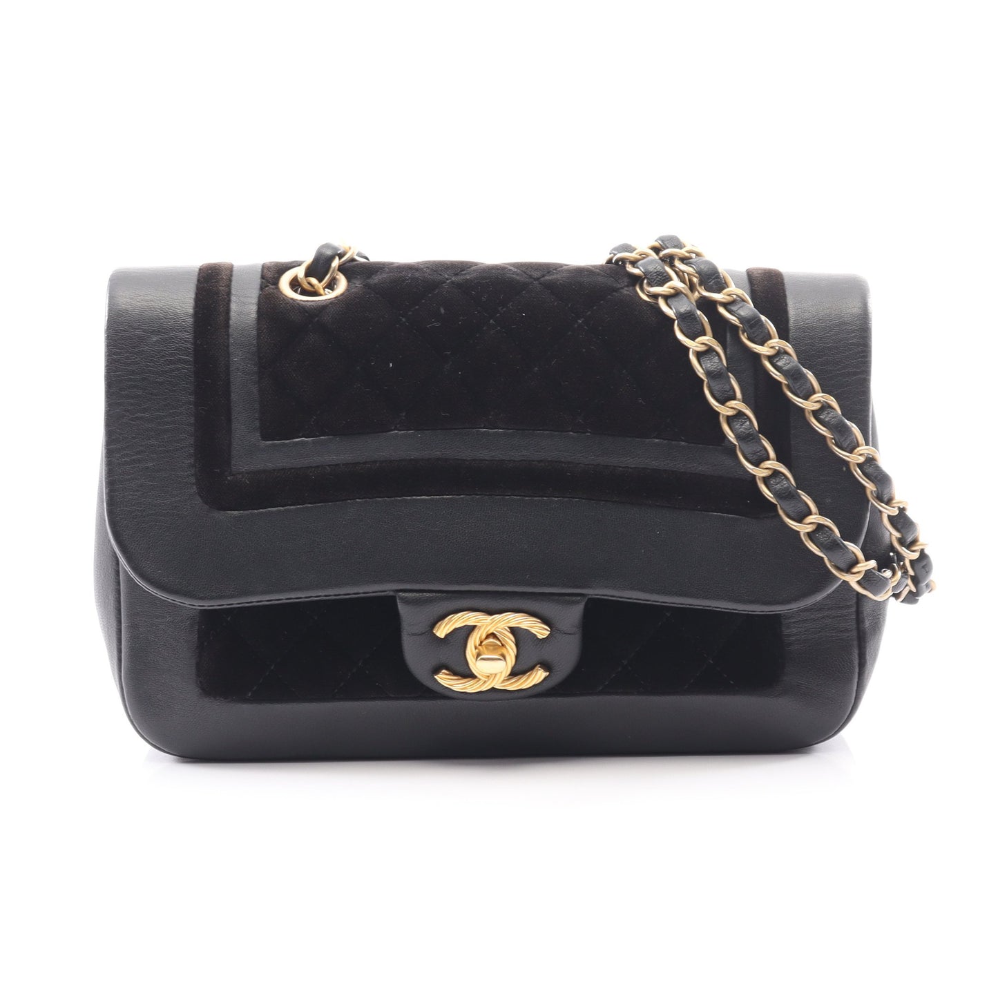 マトラッセ Wチェーンショルダーバッグ ベロア ラムスキン ブラック ゴールド金具 シャネル バッグ CHANEL