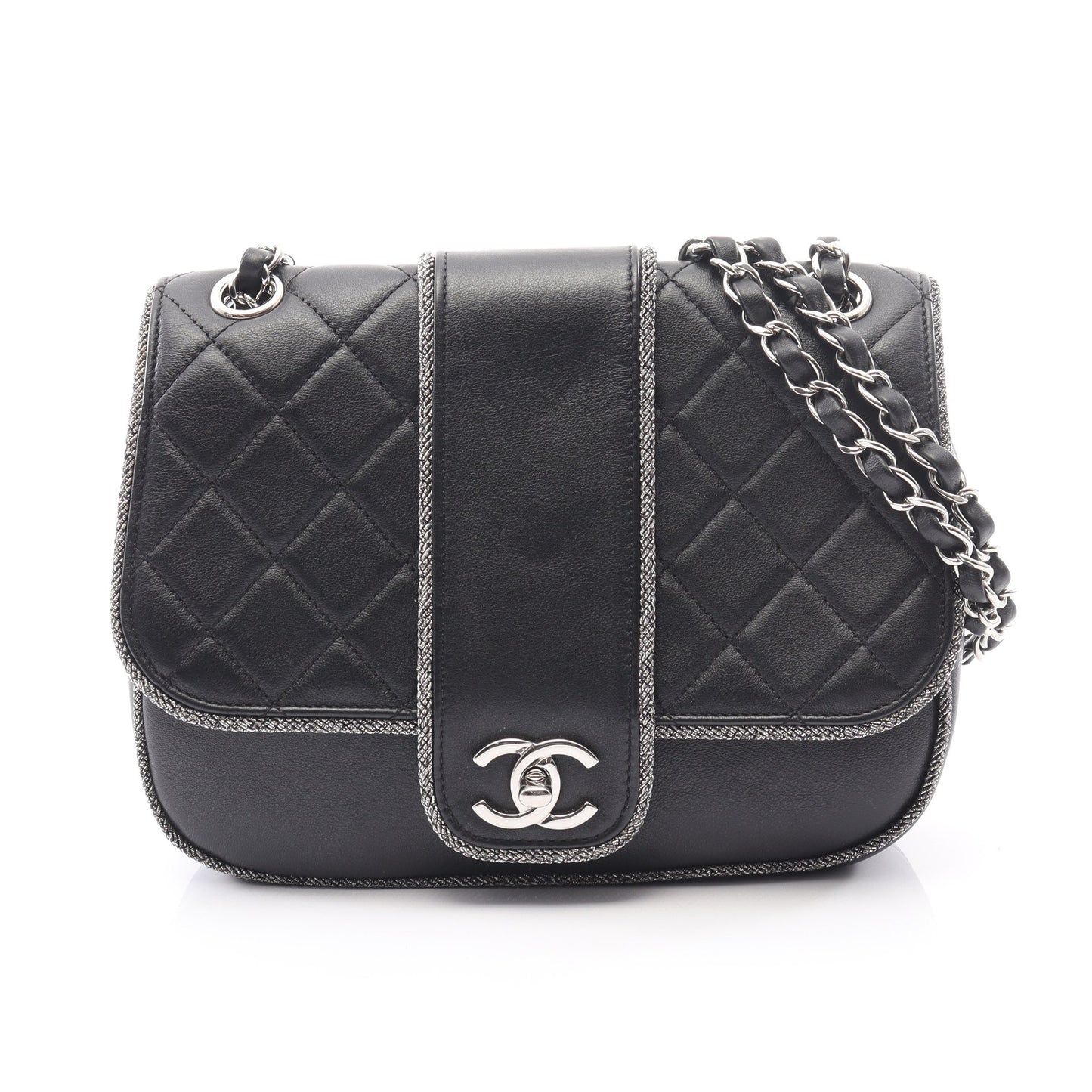 マトラッセ Wチェーンショルダーバッグ ラムスキン ブラック シルバー金具 シャネル バッグ CHANEL