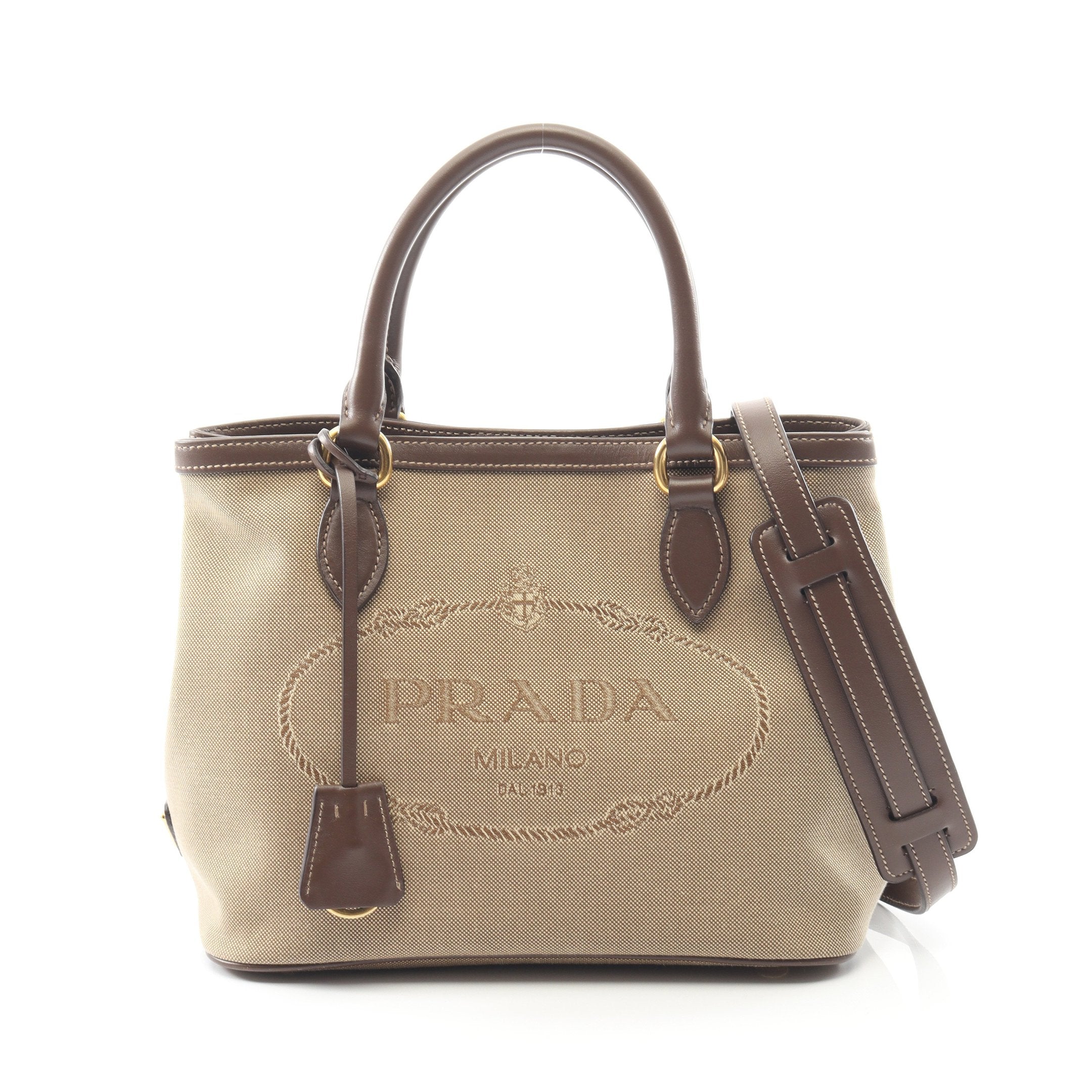 ✨極美品✨プラダ　ジャガードロゴ 2wayハンドバッグ　アイボリー×ベージュ LOGO JACQUARD ロゴジャガード ハンドバッグ キャンバス レザー