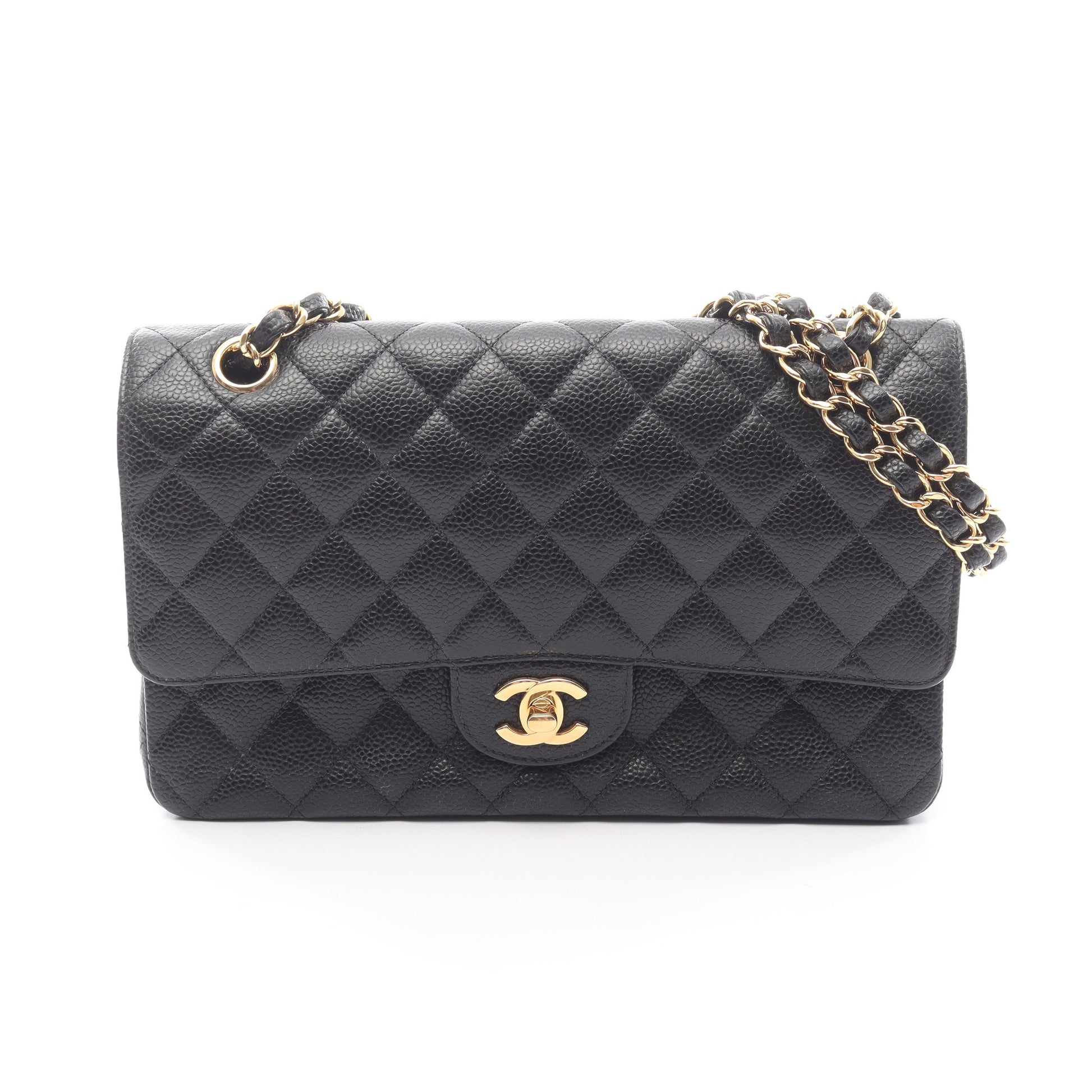 マトラッセ Wフラップ Wチェーンショルダーバッグ キャビアスキン ブラック ゴールド金具 シャネル バッグ CHANEL