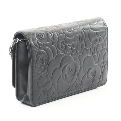 カメリア チェーンウォレット ラムスキン ブラック シルバー金具 シャネル バッグ CHANEL
