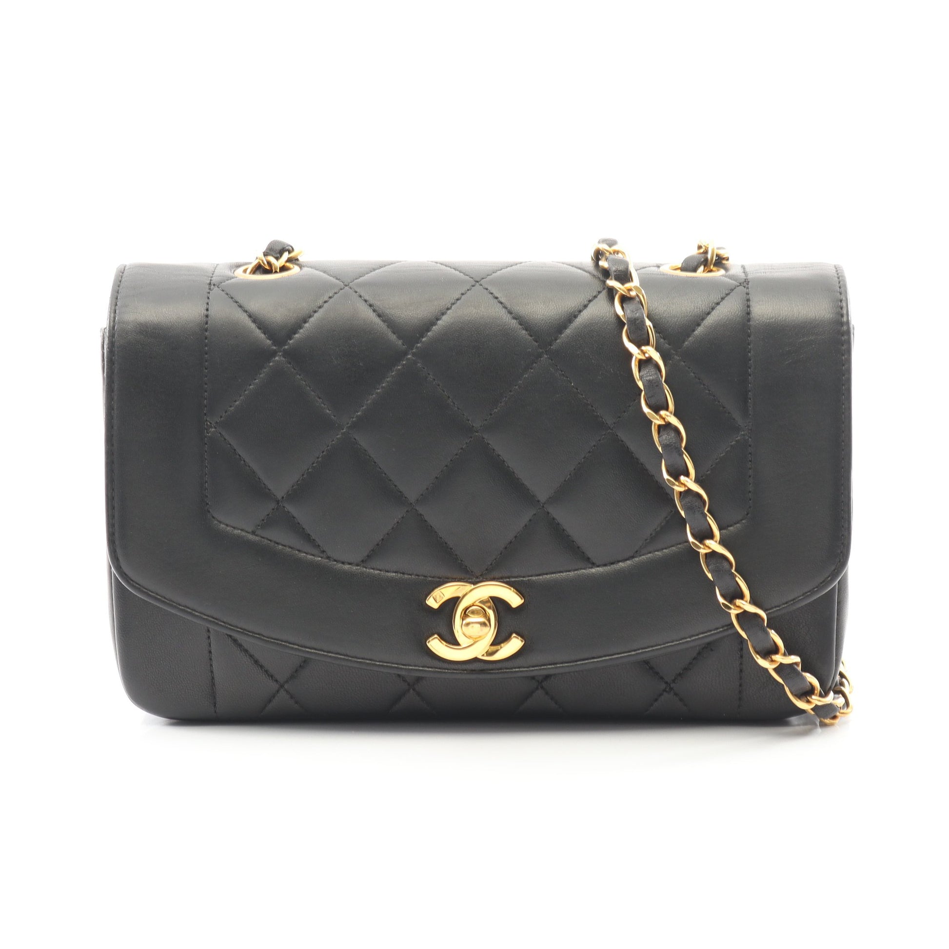 マトラッセ ダイアナフラップ チェーンショルダーバッグ ラムスキン ブラック ゴールド金具 シャネル バッグ CHANEL