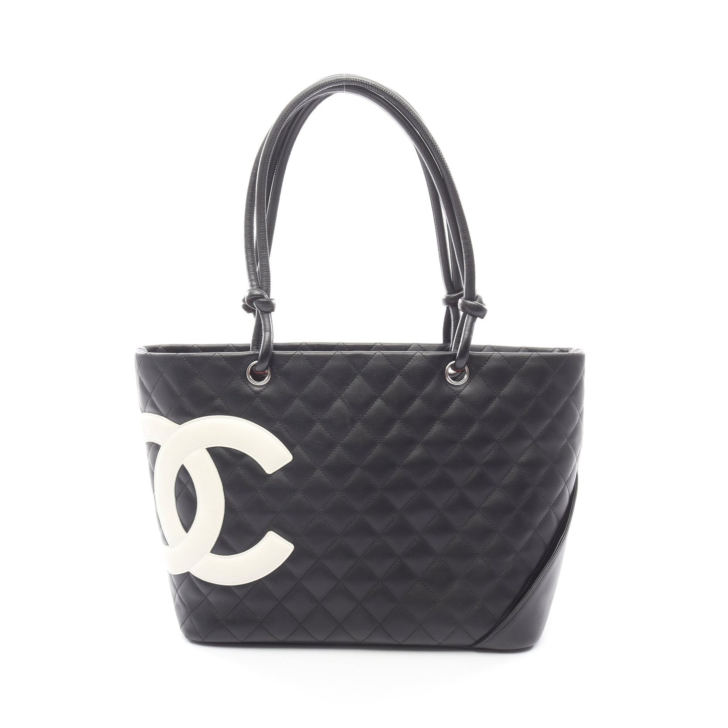 カンボンライン ラージ ショルダーバッグ トートバッグ ラムスキン ブラック ホワイト シルバー金具 シャネル バッグ CHANEL