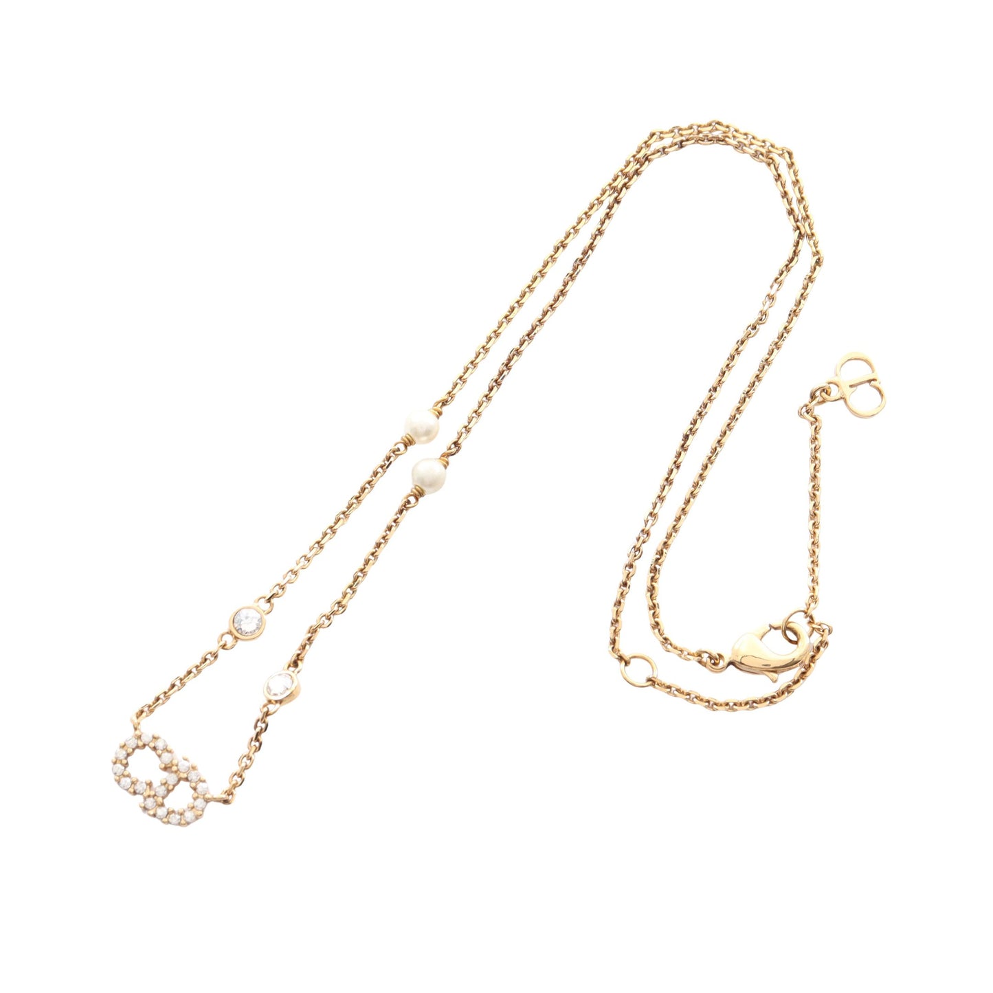 CDロゴ ネックレス GP フェイクパール ラインストーン ゴールド ホワイト クリア クリスチャンディオール アクセサリー Christian Dior
