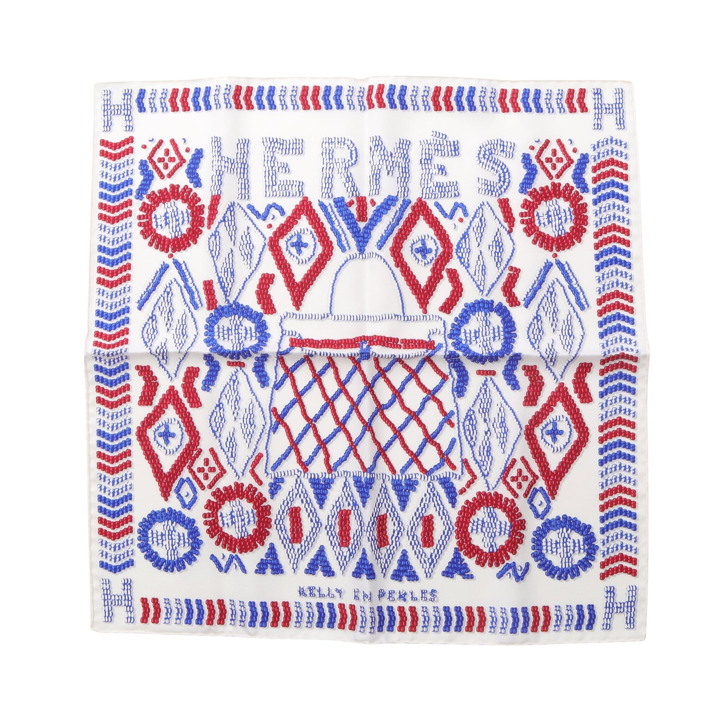 プチカレ カレ45 KELLY EN PERLES スカーフ シルク ホワイト レッド ブルー エルメス 財布・小物 HERMES