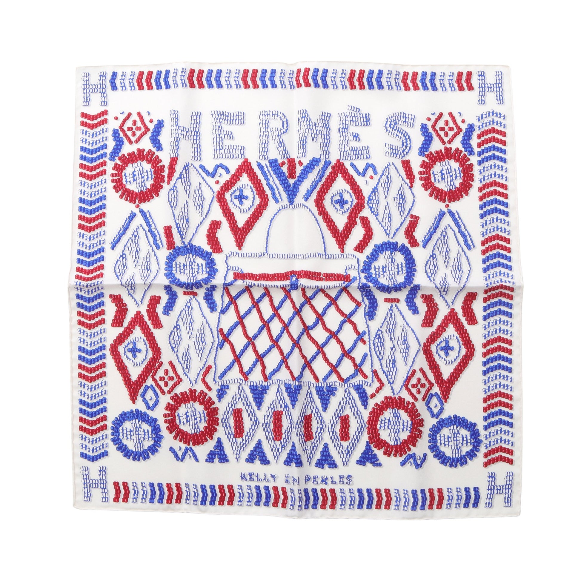 プチカレ カレ45 KELLY EN PERLES スカーフ シルク ホワイト レッド ブルー エルメス 財布・小物 HERMES
