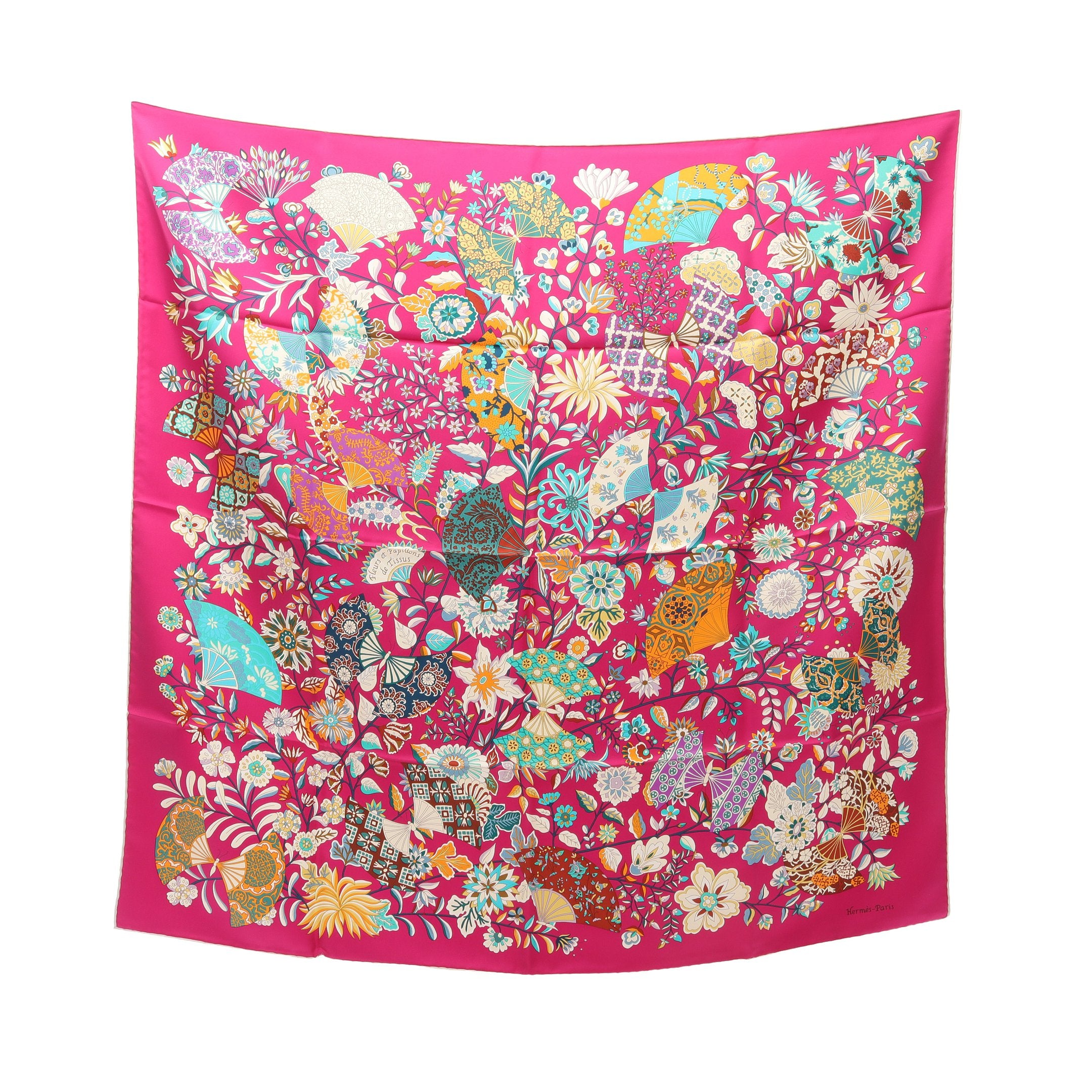 カレ90 Fleurs et papillons de tissus スカーフ シルク ピンク