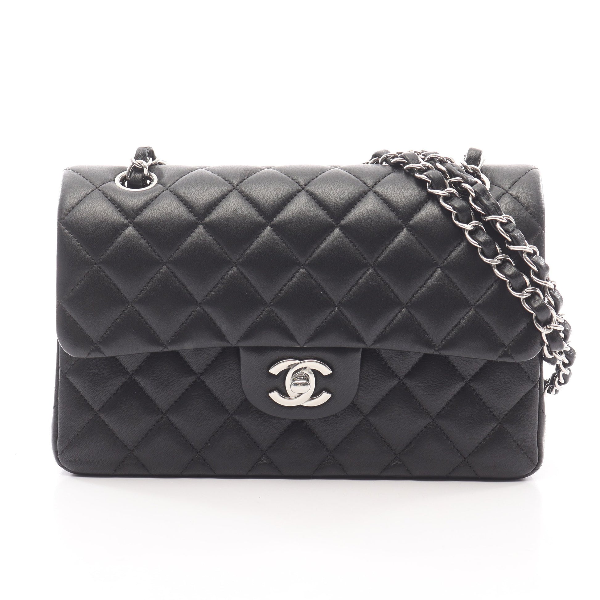 マトラッセ Wフラップ Wチェーンショルダーバッグ ラムスキン ブラック シルバー金具 シャネル バッグ CHANEL
