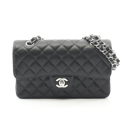 マトラッセ Wフラップ Wチェーンショルダーバッグ キャビアスキン ブラック シルバー金具 シャネル バッグ CHANEL
