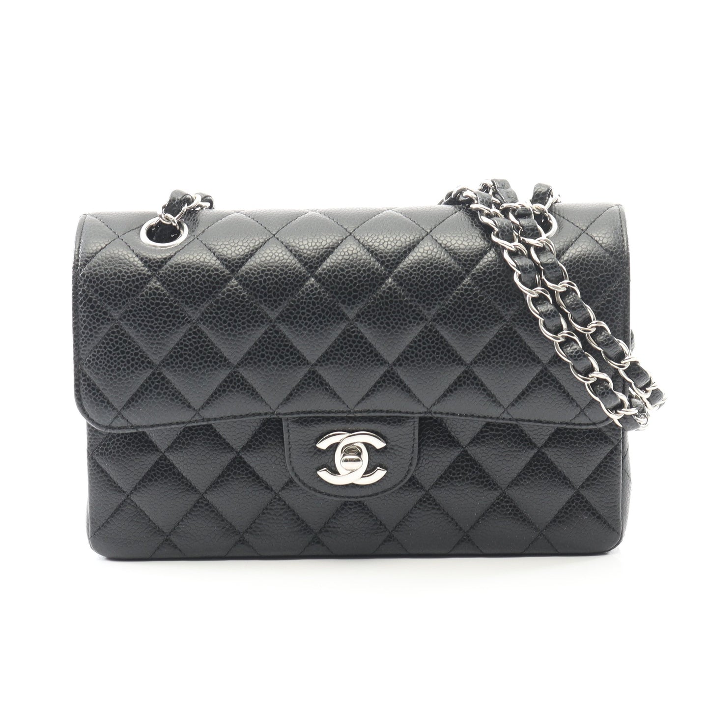 マトラッセ Wフラップ Wチェーンショルダーバッグ キャビアスキン ブラック シルバー金具 シャネル バッグ CHANEL