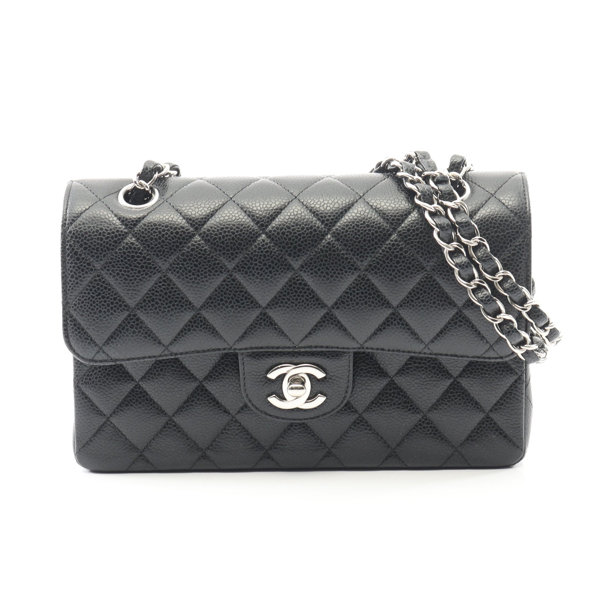マトラッセ Wフラップ Wチェーンショルダーバッグ キャビアスキン ブラック シルバー金具 シャネル バッグ CHANEL
